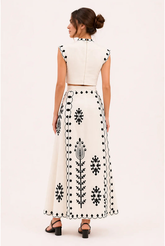 Ségolène Co-Ord Set | Embroidered Motif | Maxi Skirt