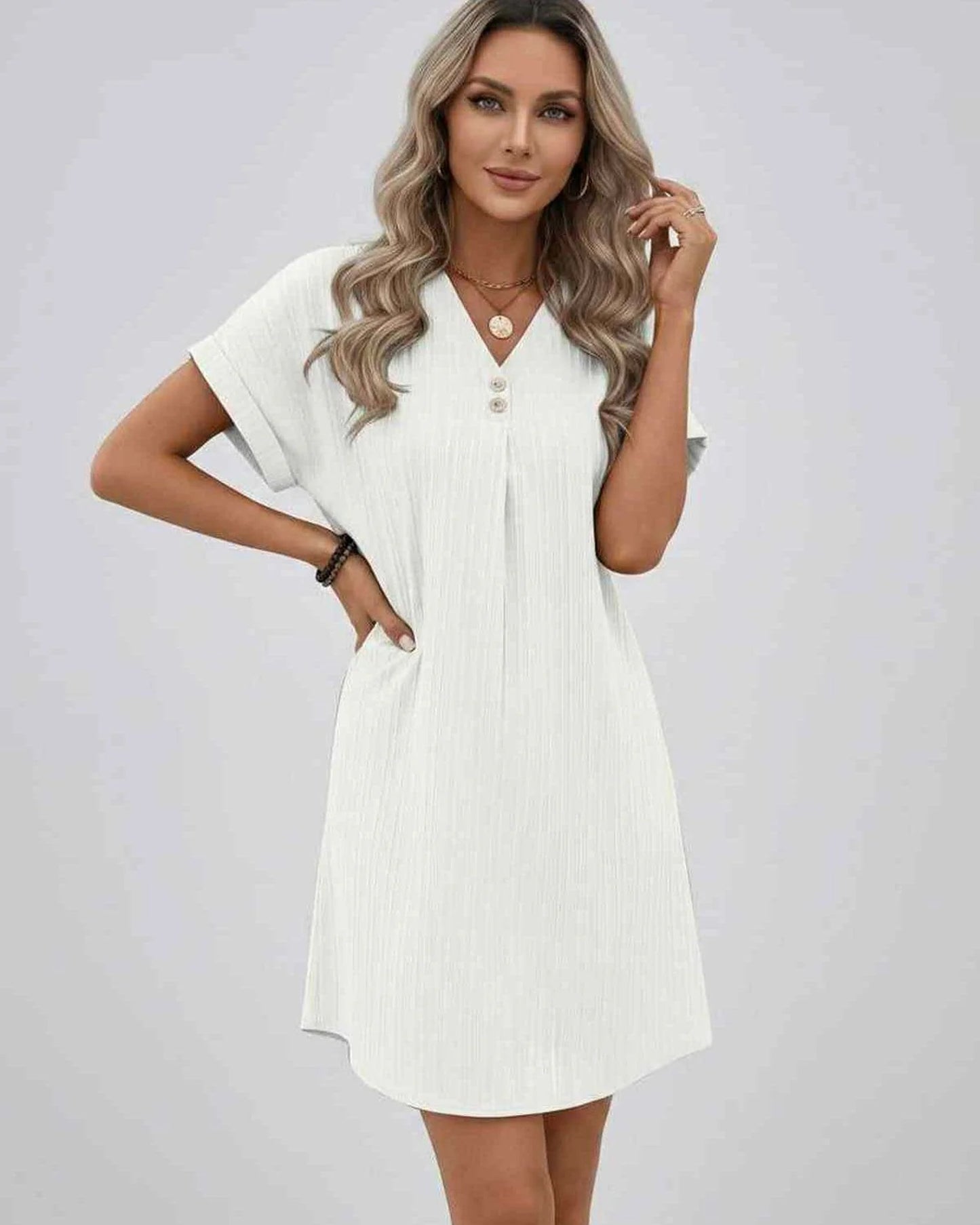 Magalie Women's Mini Dress | V-Neck with Buttons | Short Rolled Sleeves
