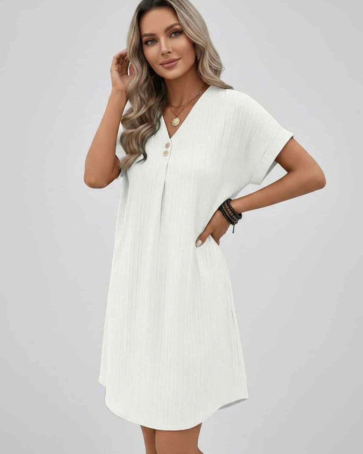Magalie Women's Mini Dress | V-Neck with Buttons | Short Rolled Sleeves