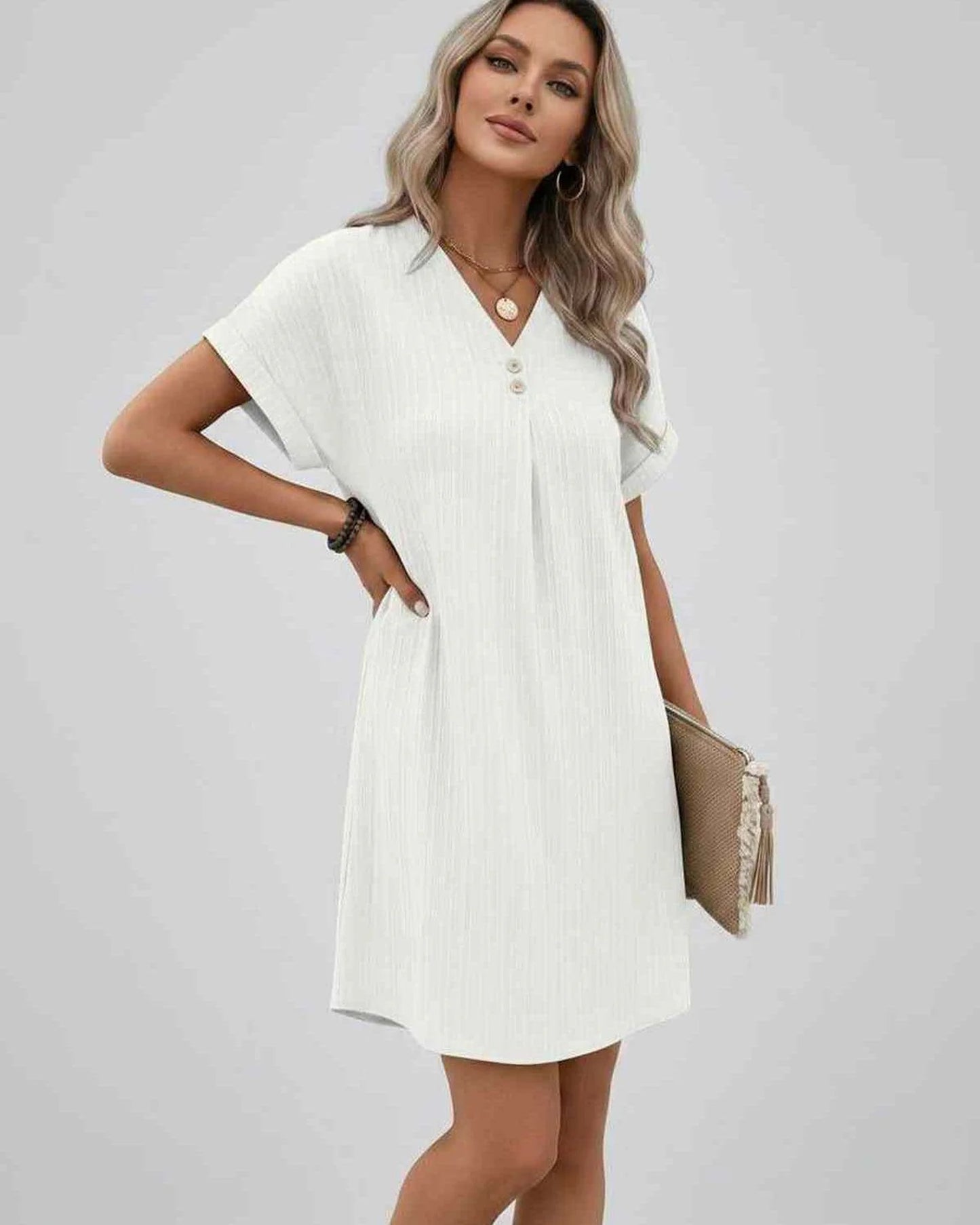 Magalie Women's Mini Dress | V-Neck with Buttons | Short Rolled Sleeves