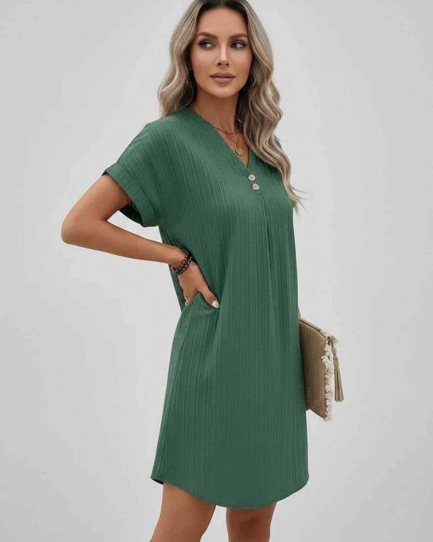 Magalie Women's Mini Dress | V-Neck with Buttons | Short Rolled Sleeves