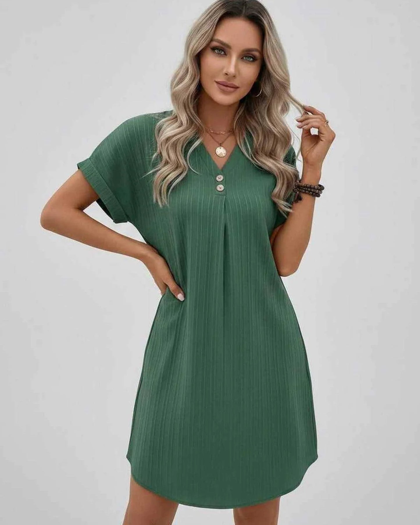Magalie Women's Mini Dress | V-Neck with Buttons | Short Rolled Sleeves