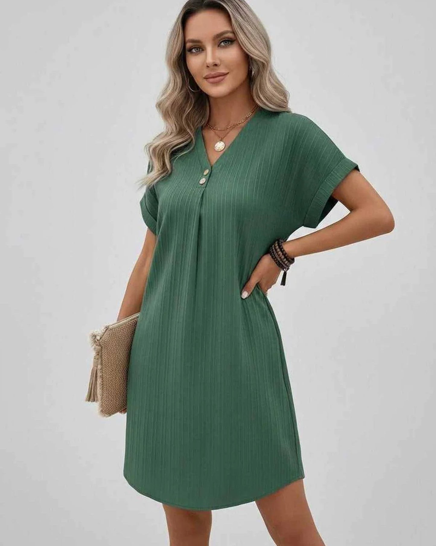 Magalie Women's Mini Dress | V-Neck with Buttons | Short Rolled Sleeves