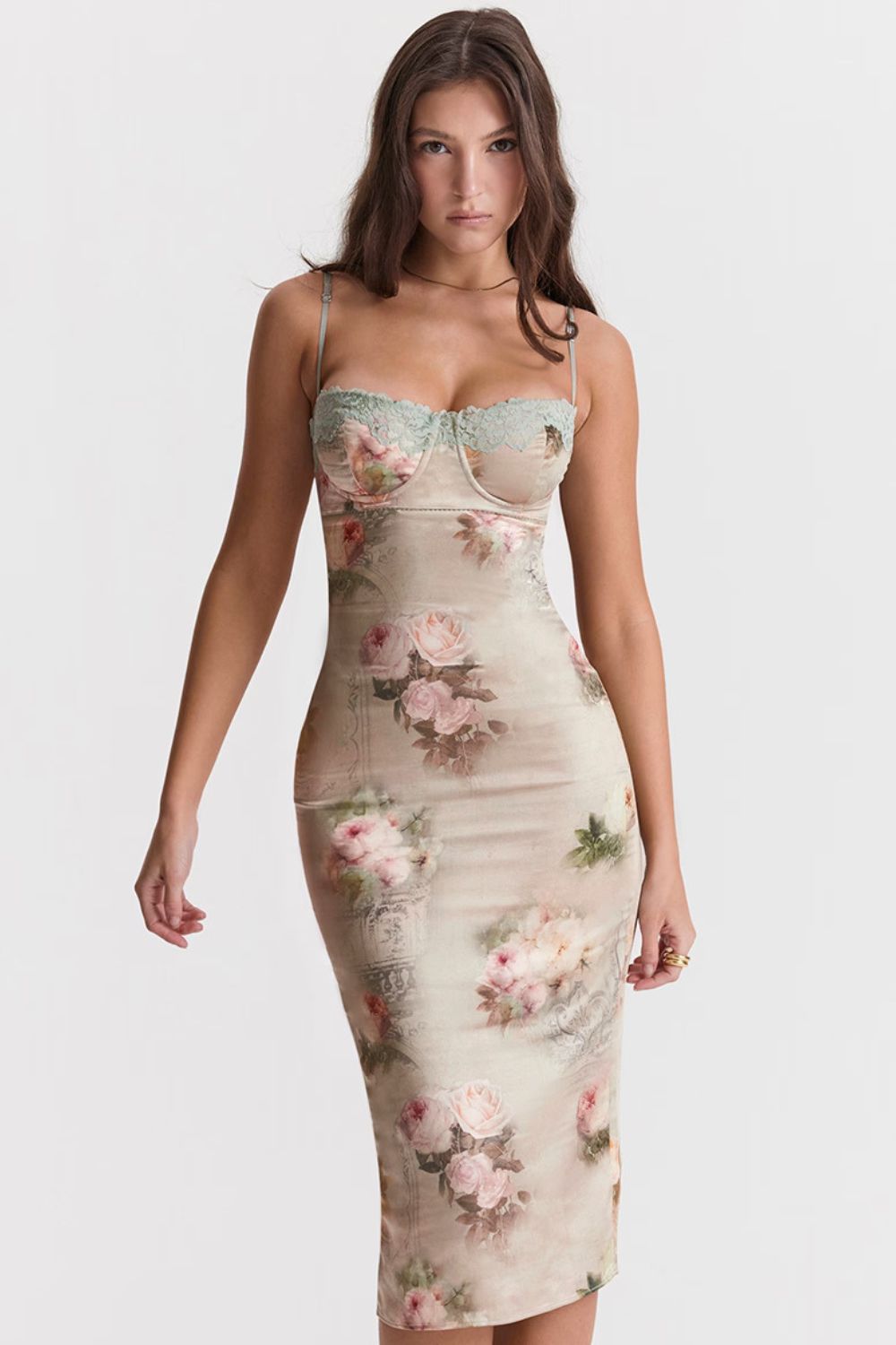 Jasmijn Midi Jurk Dames – Bloemenprint met Kant en Split 0