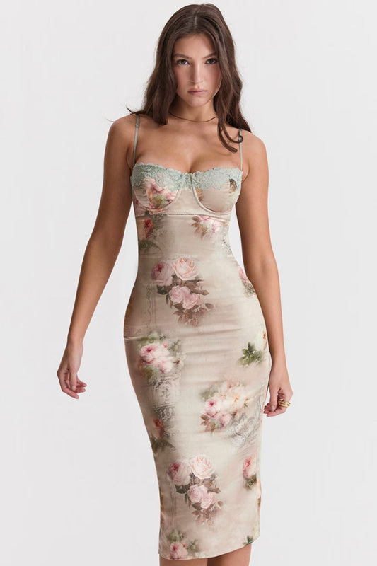 Jasmijn Midi Jurk Dames – Bloemenprint met Kant en Split 0