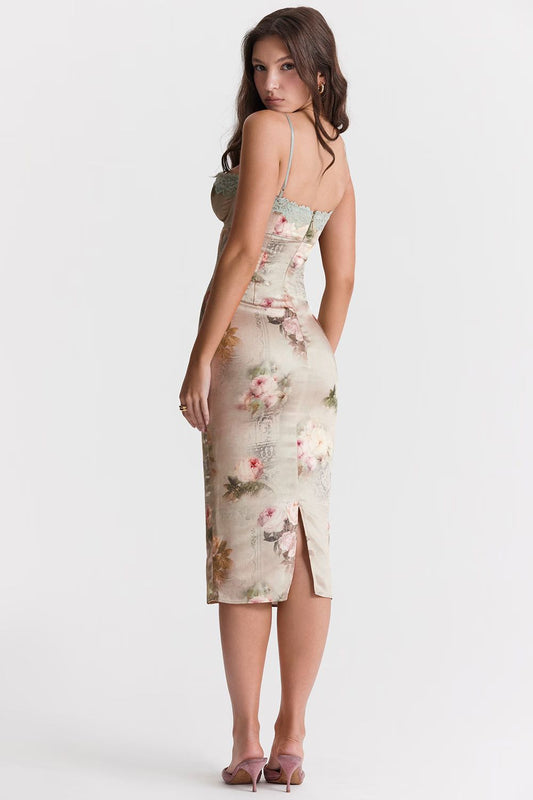Jasmijn Midi Jurk Dames – Bloemenprint met Kant en Split 1