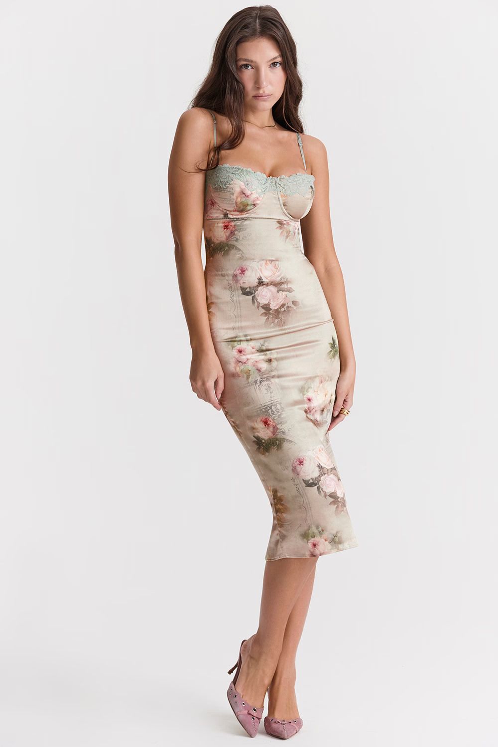 Jasmijn Midi Jurk Dames – Bloemenprint met Kant en Split 3