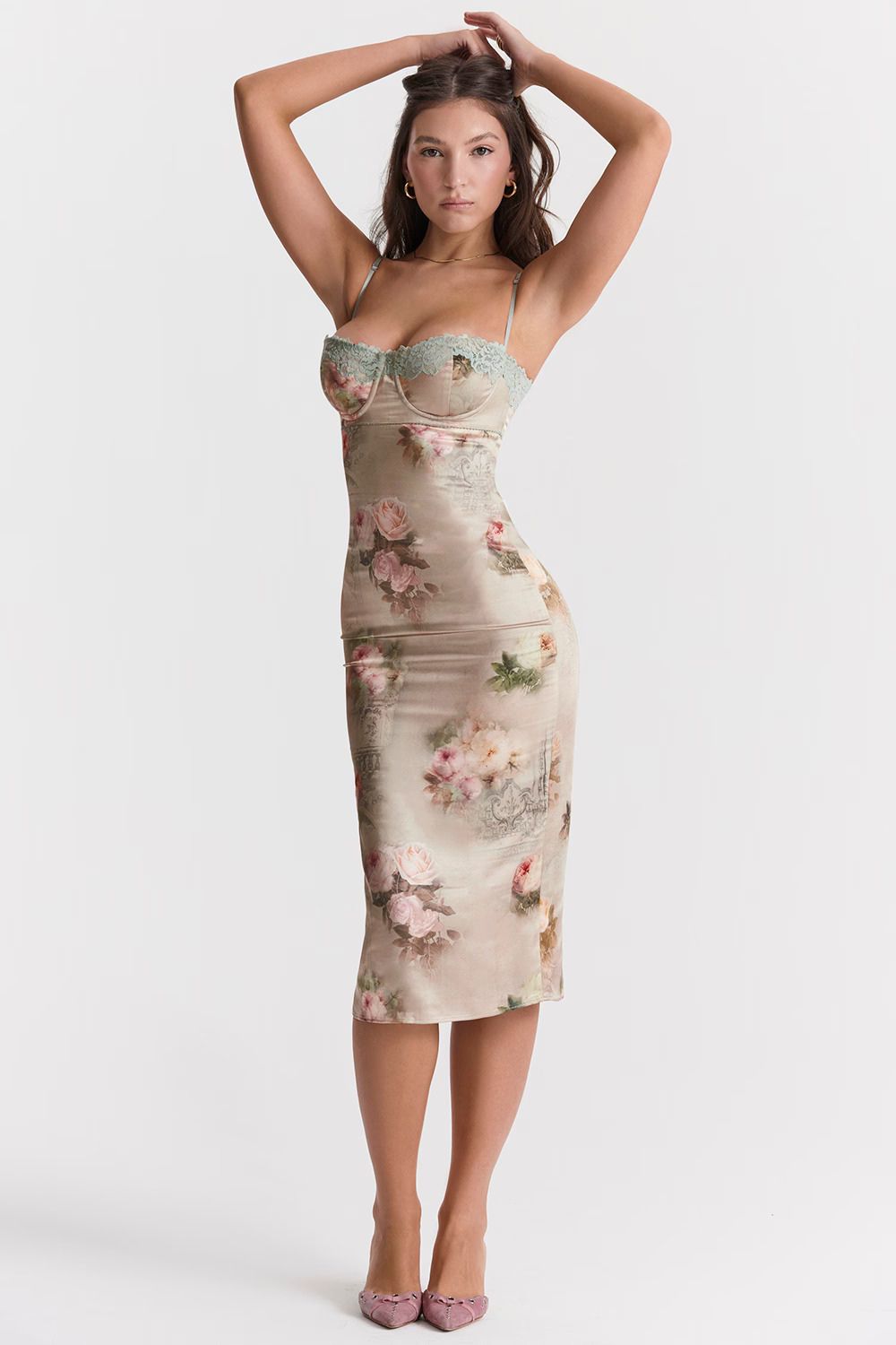 Jasmijn Midi Jurk Dames – Bloemenprint met Kant en Split 5