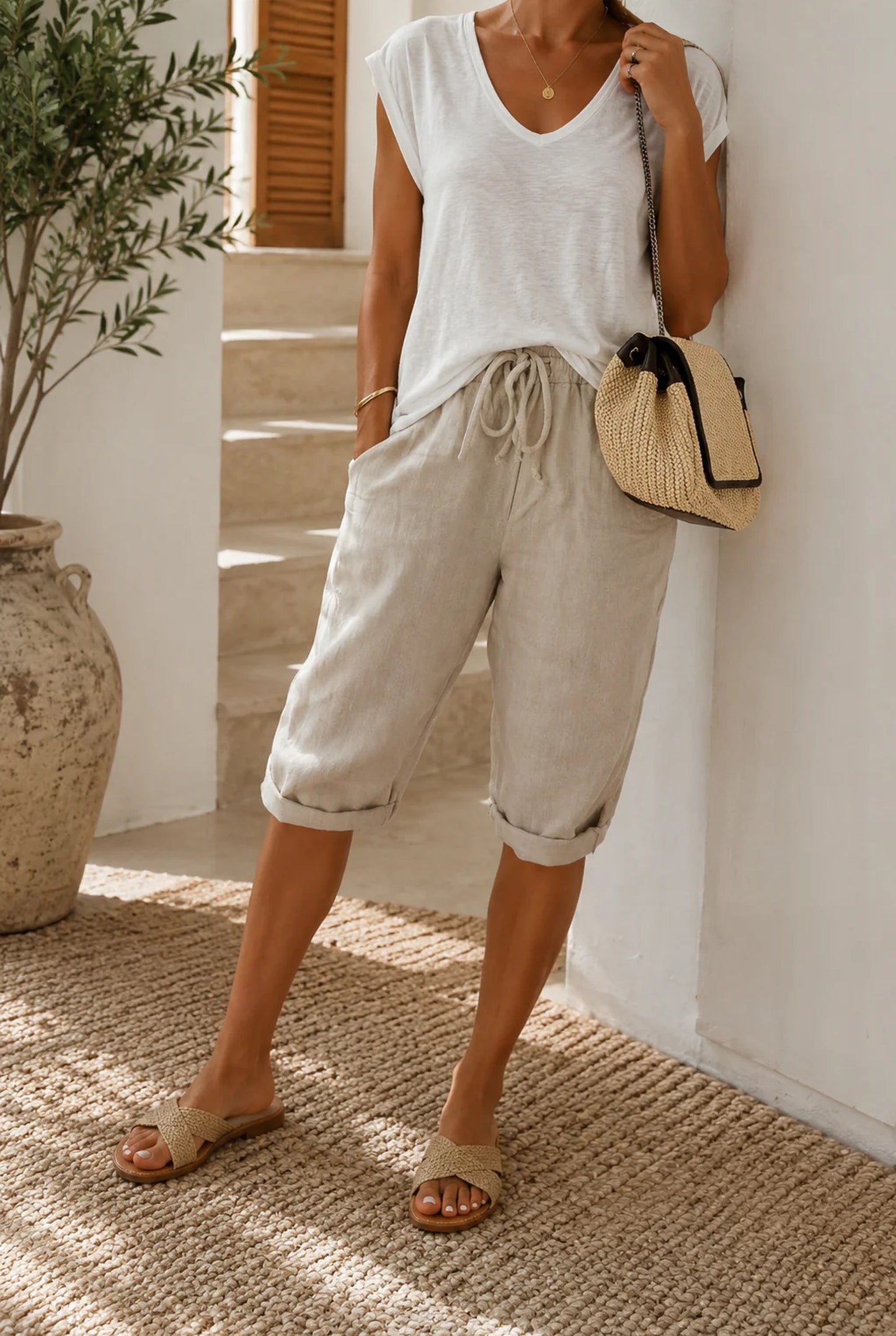 Dames Broek | Opgerolde Pijpen | Elastische Taillekoord