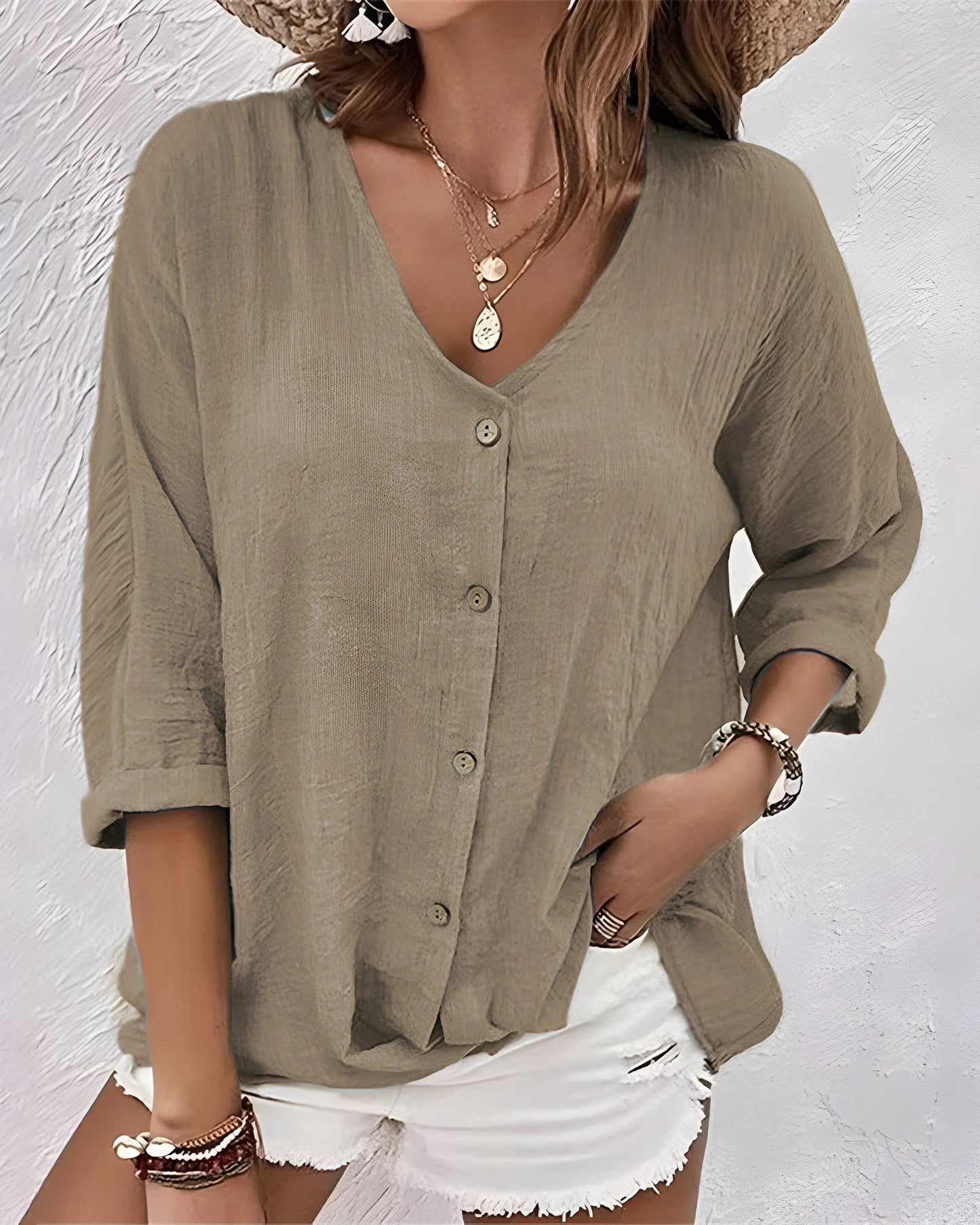 Amelia Dames Bluse | V-Hals | Korte Ærmer