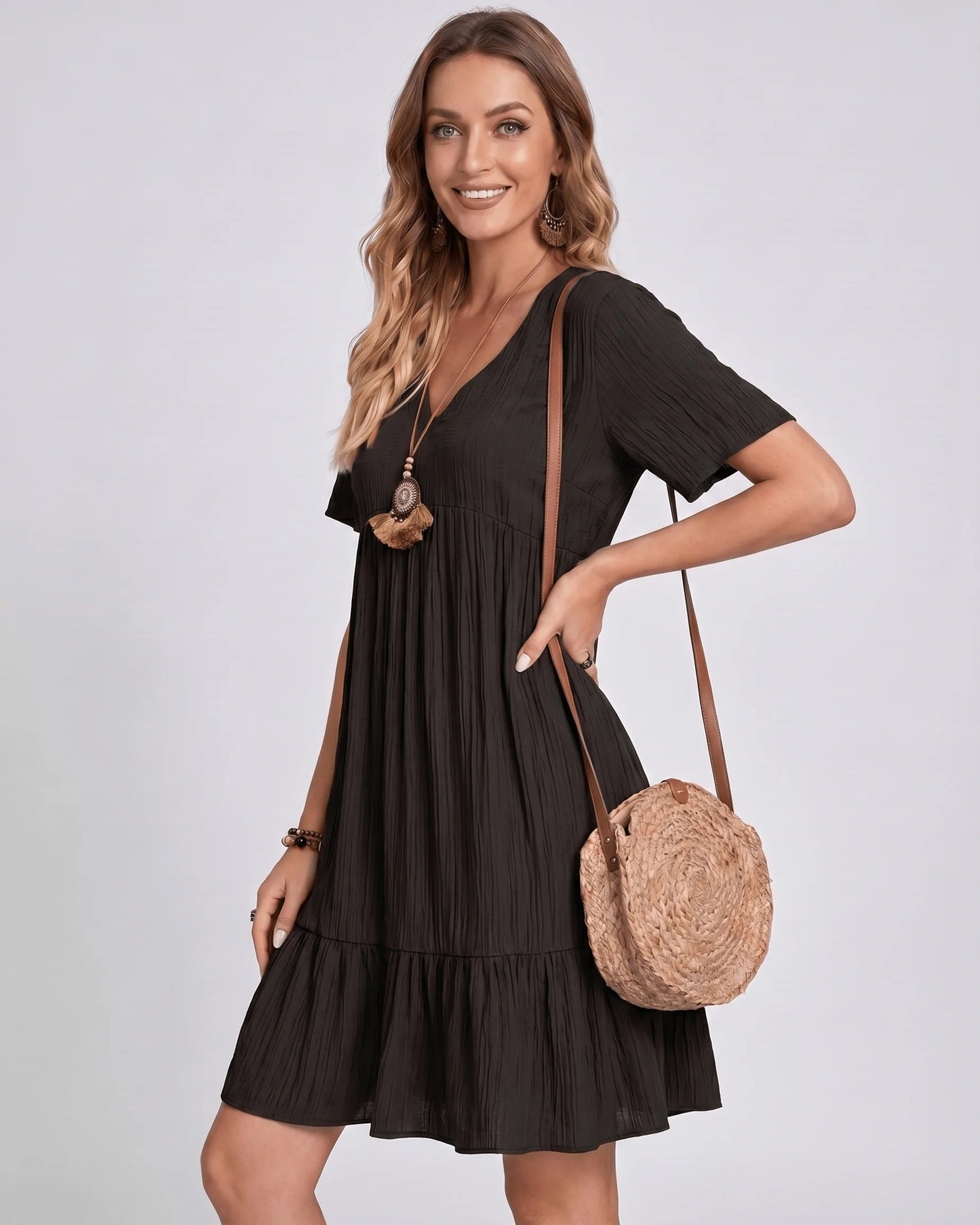 Toinette Dames Mini Jurk | V-Hals | Geribde Structuur