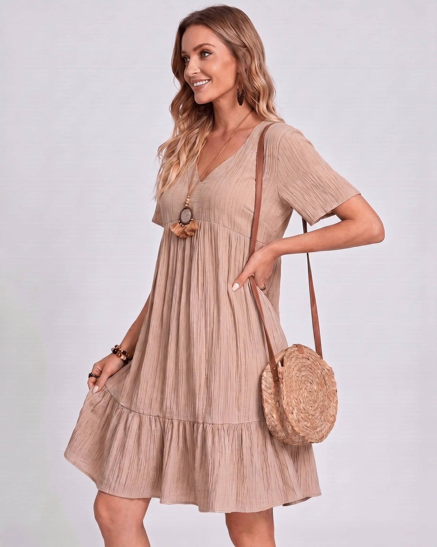 Toinette Dames Mini Jurk | V-Hals | Geribde Structuur
