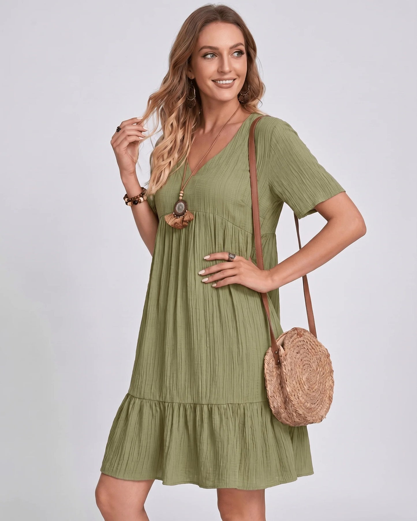 Toinette Dames Mini Jurk | V-Hals | Geribde Structuur