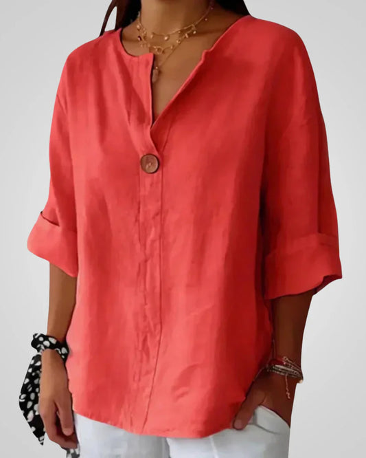 Pernelle-Brunehaut Dames Blouse | V-Hals Knopen | Driekwart Mouwen