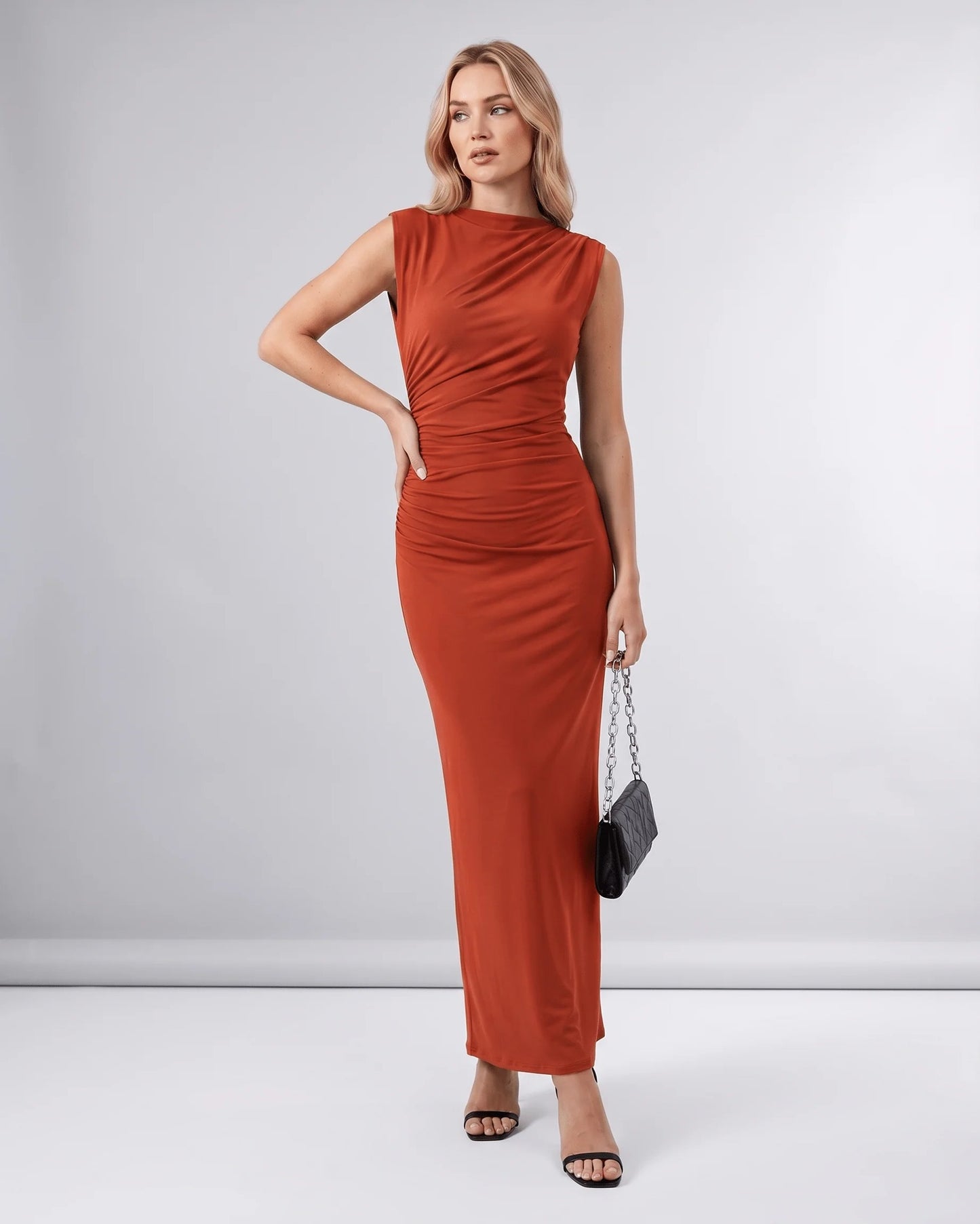Martine Dames Midi Jurk | Gedrapeerde Taille | Ronde Halslijn
