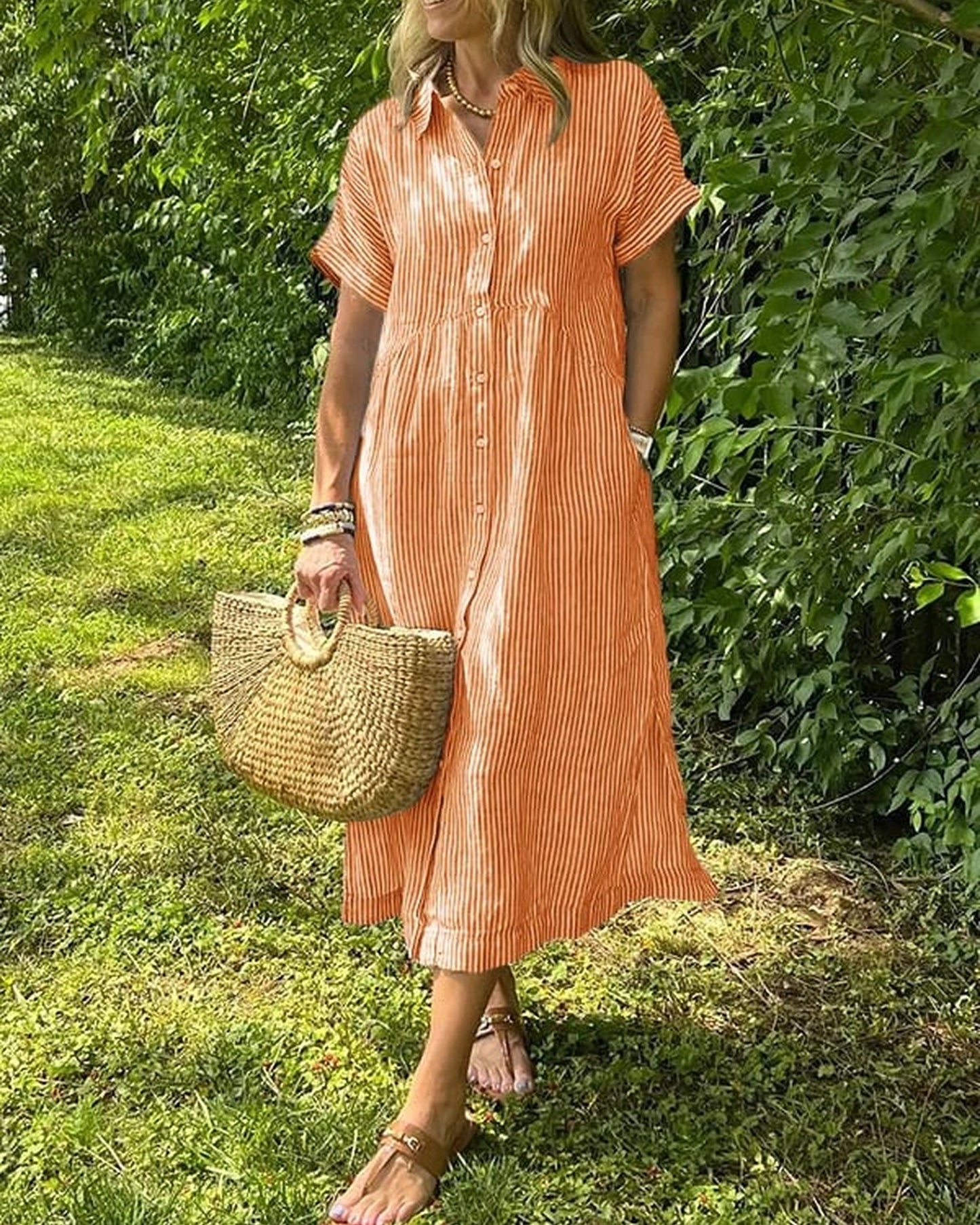 Annemie Dames Maxi Jurk | Streep & Knoopsluiting | Korte Mouwen