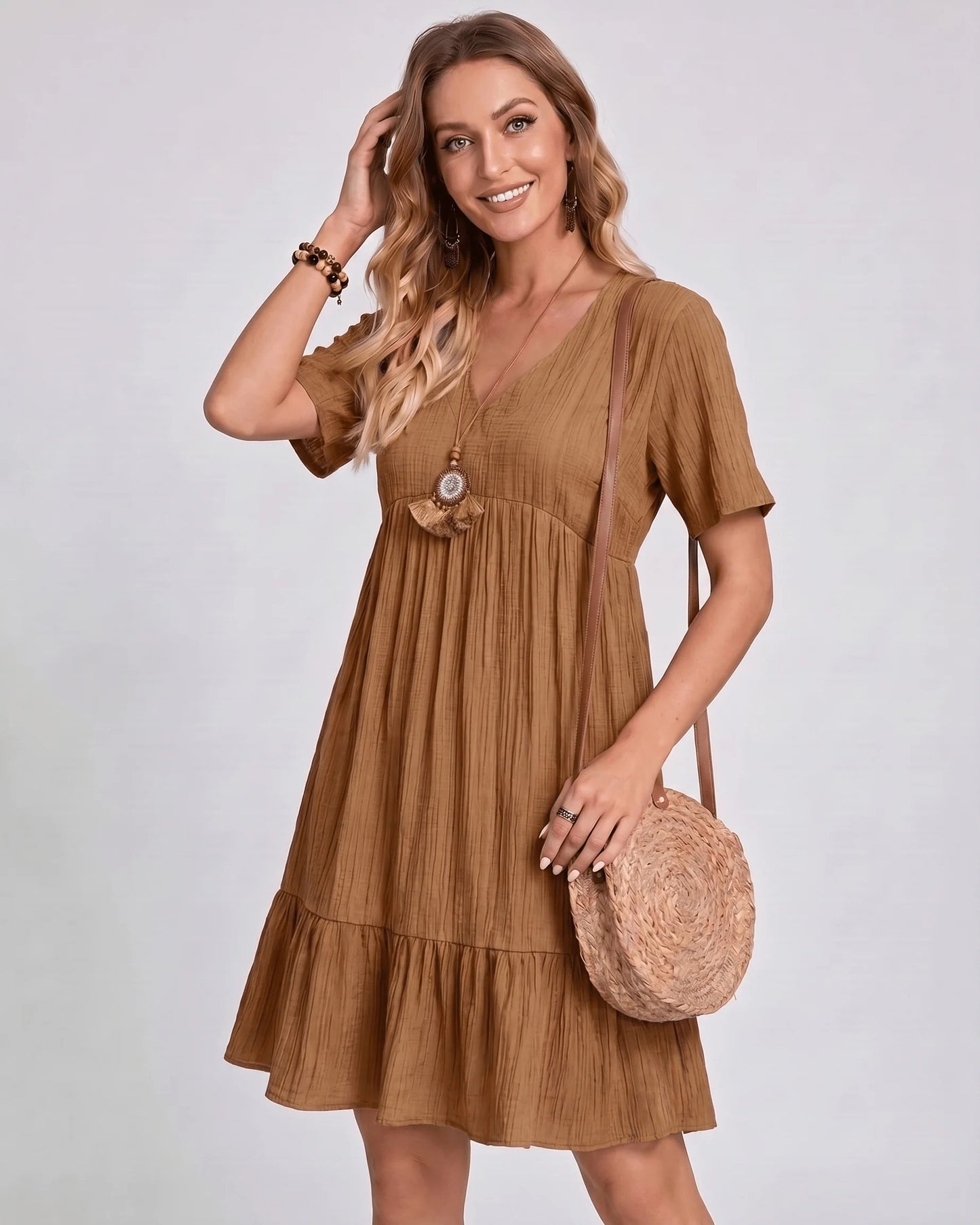 Toinette Dames Mini Jurk | V-Hals | Geribde Structuur