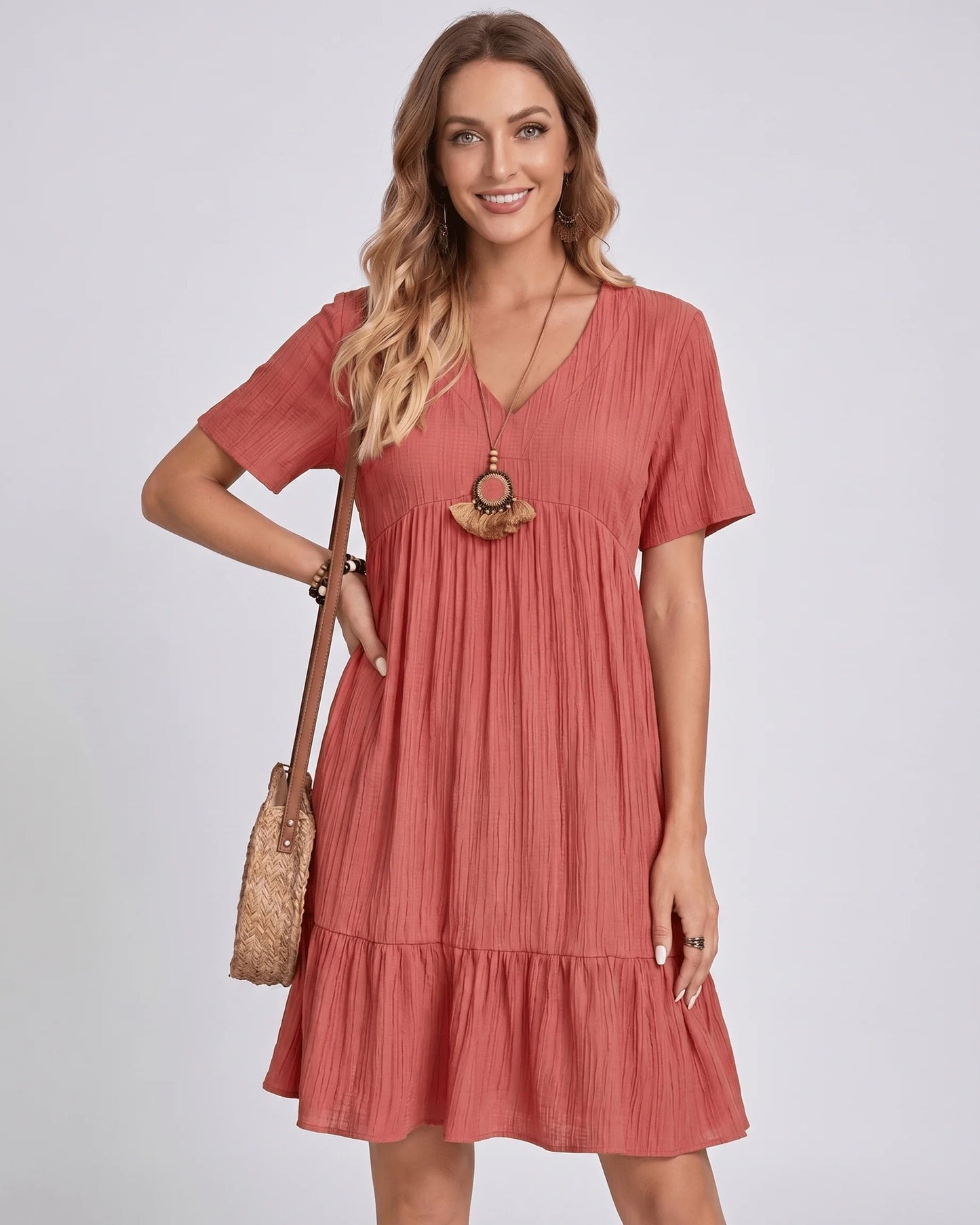Toinette Dames Mini Jurk | V-Hals | Geribde Structuur