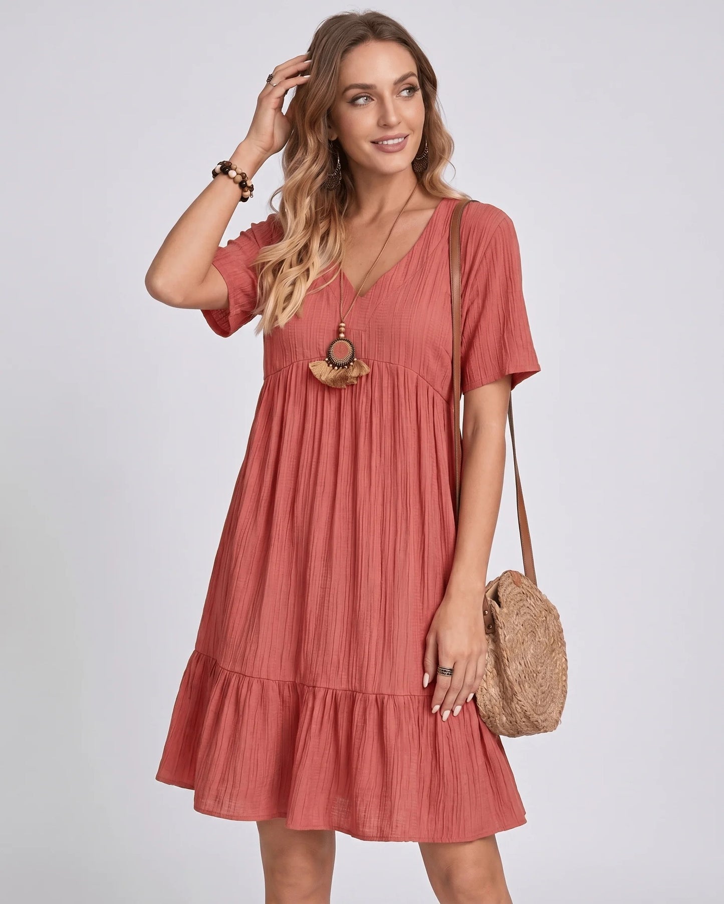 Toinette Dames Mini Jurk | V-Hals | Geribde Structuur