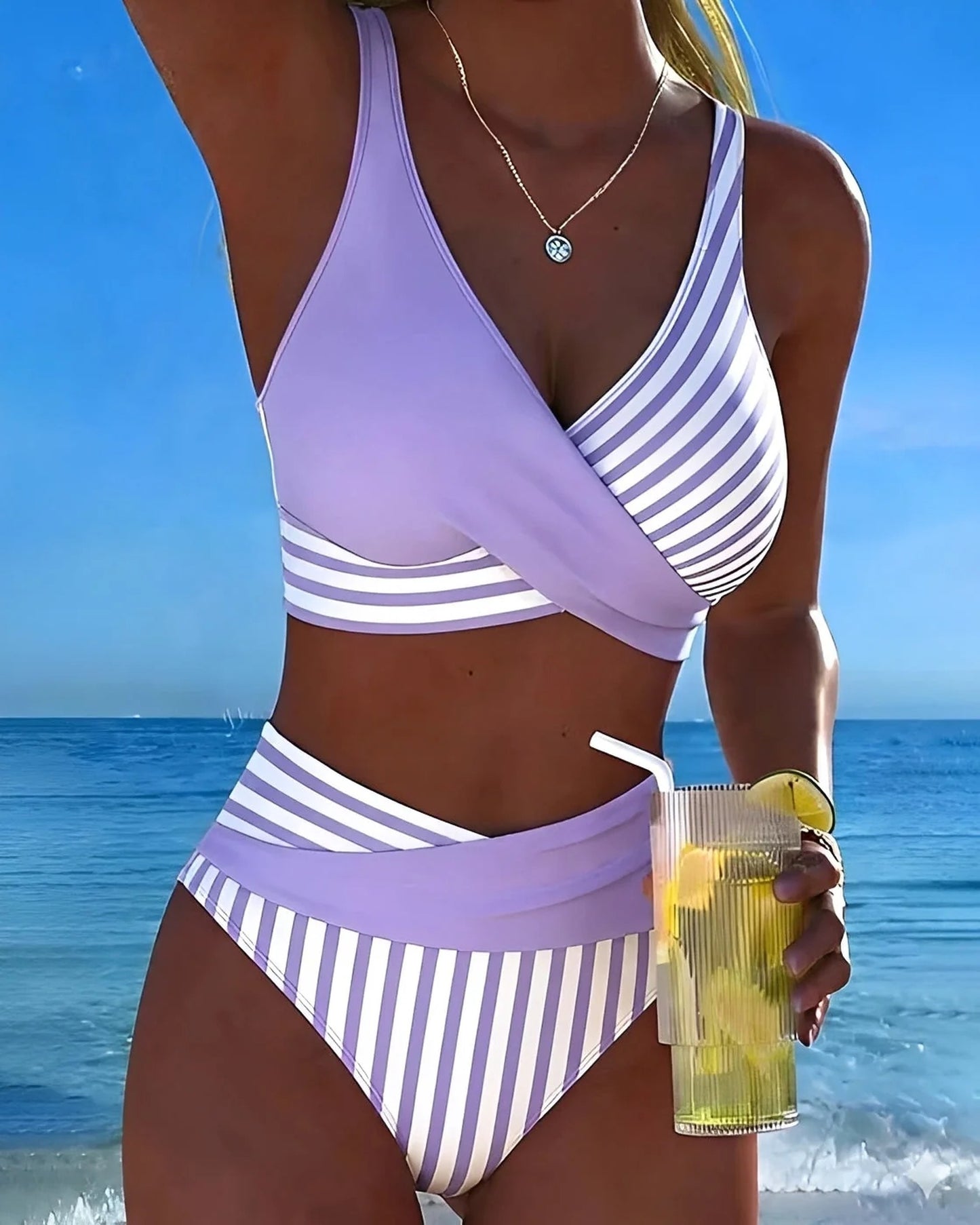 Carlotta Dames Badkleding | Gestreepte Banden | Wikkelvoorkant