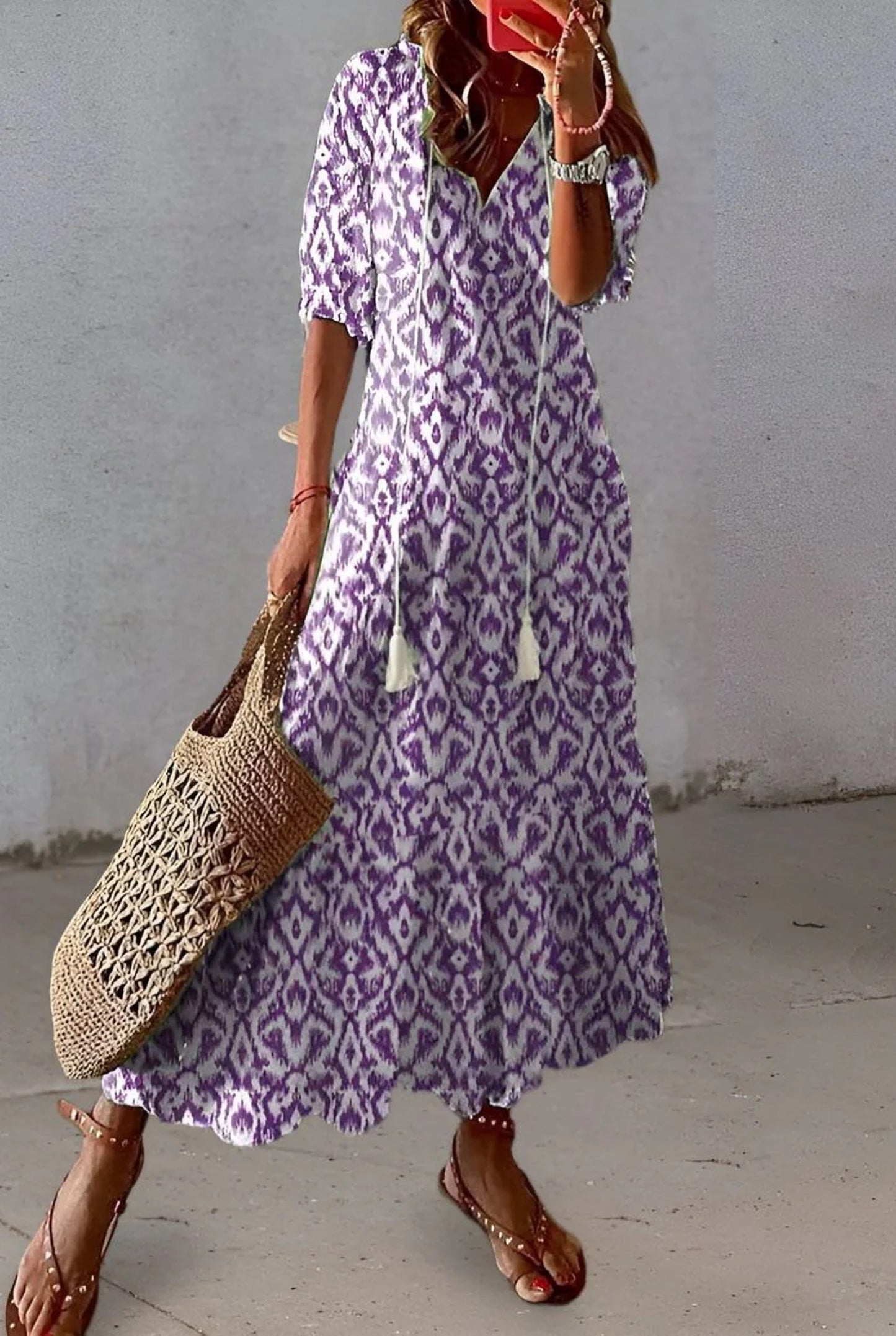 Brunehaut Dames Midi Jurk | V-Hals | Kwastjes Detail