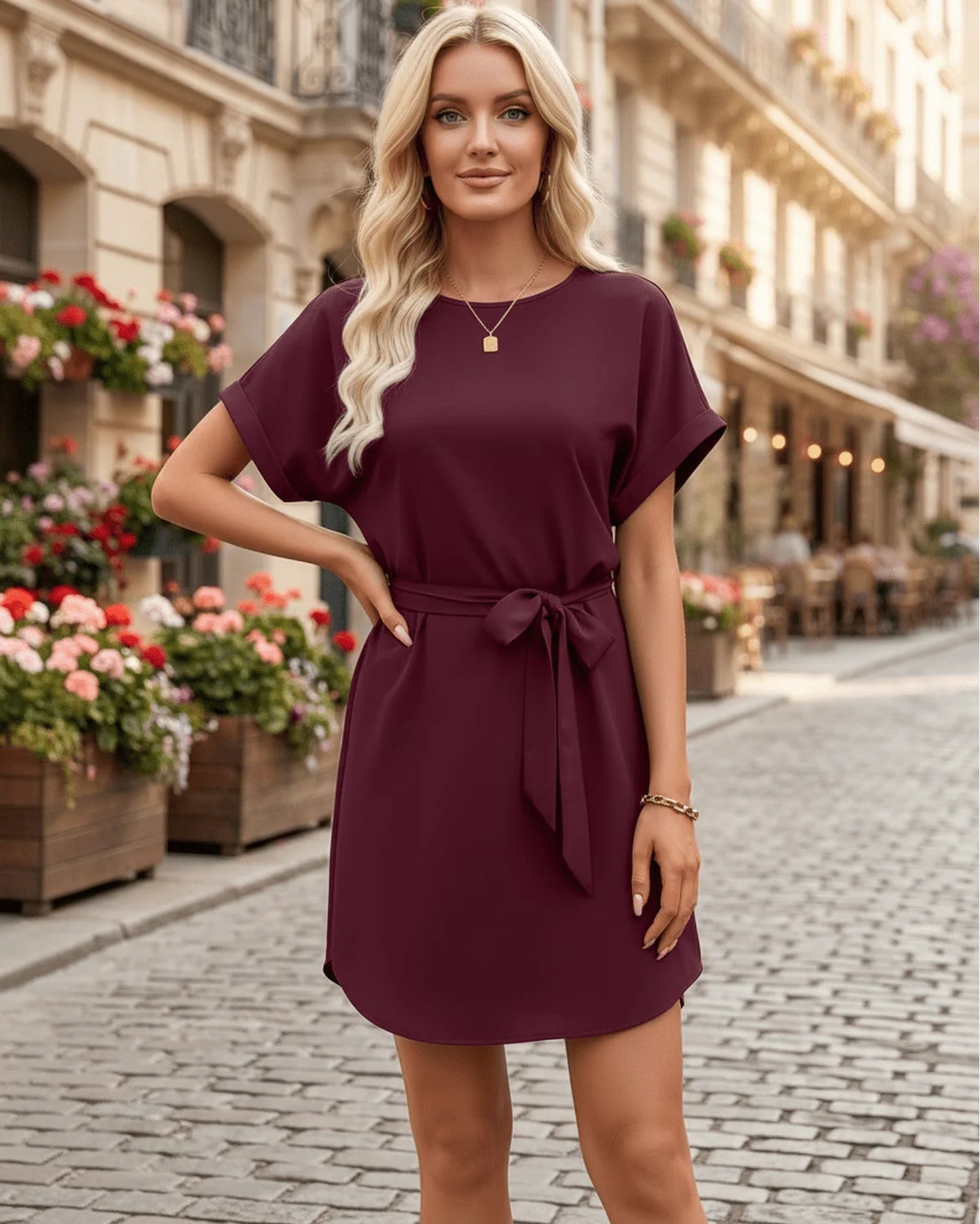 Louisiana Women's Mini Dress | Belt with Bow | Short Kimono Sleeves
