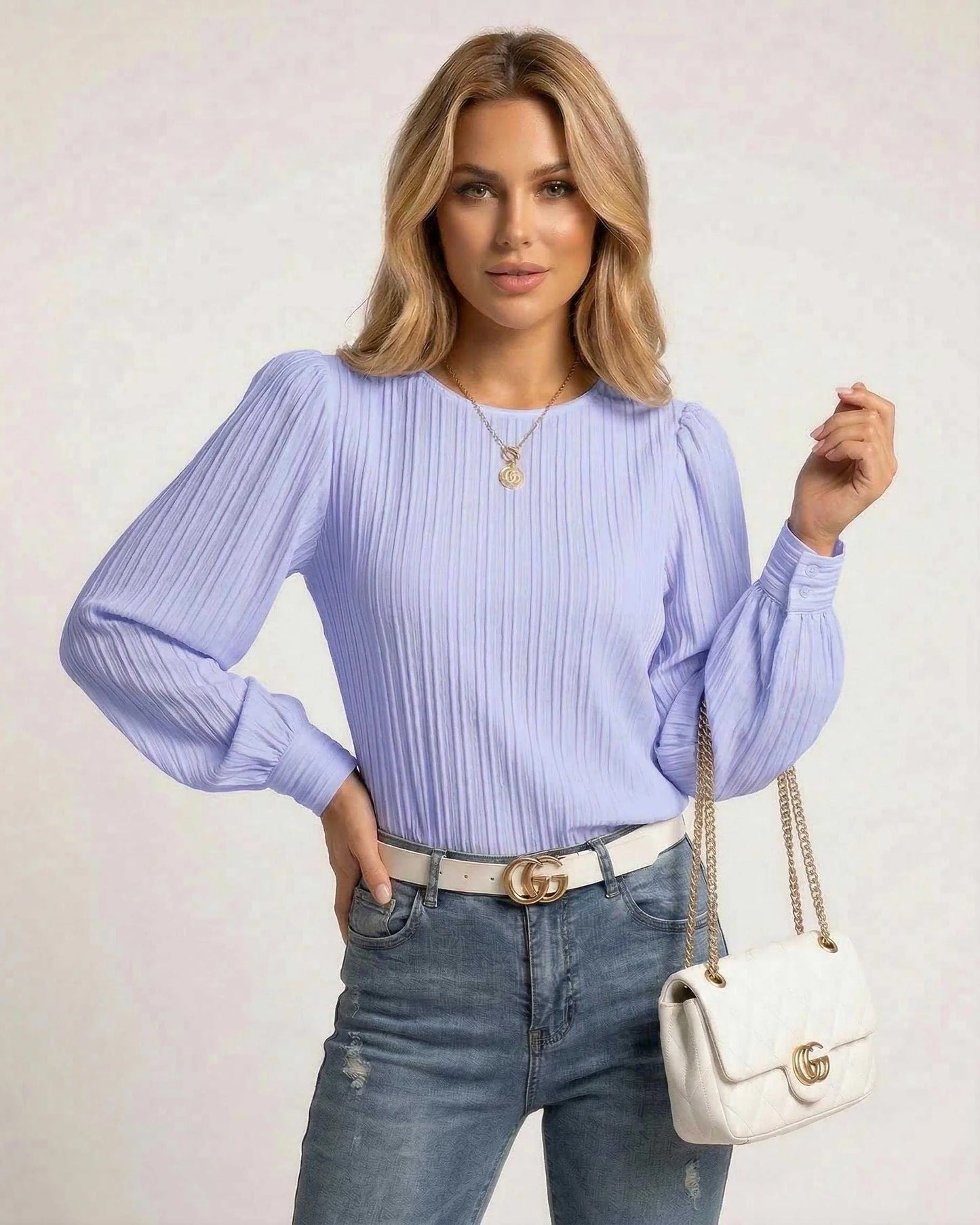 Vinciane Dames Top | Geplooide Structuur | Ballonmouwen