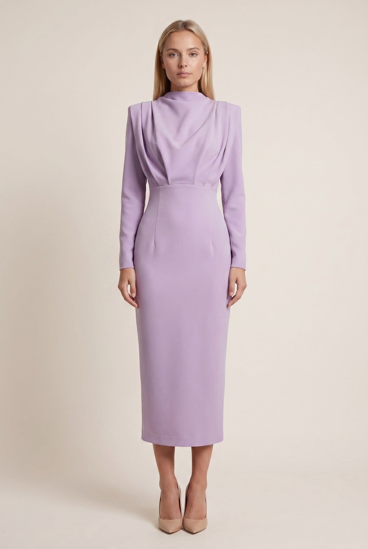 Norma Dames Midi Jurk | Hoge Hals | Gedrapeerd Design