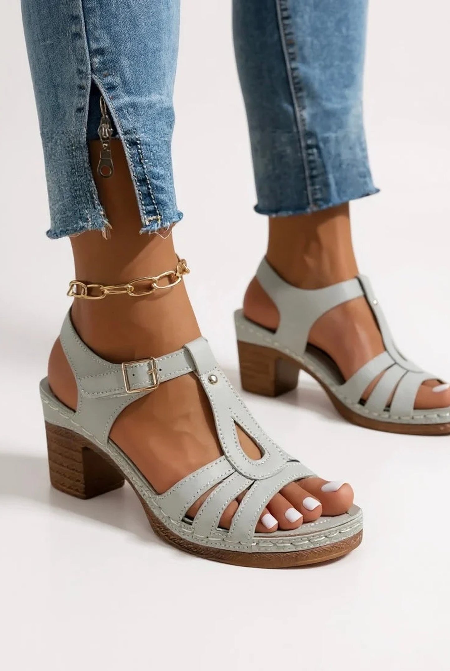 Carmen Dames Sandalen | Geplooide Details | Houten Blokkhak