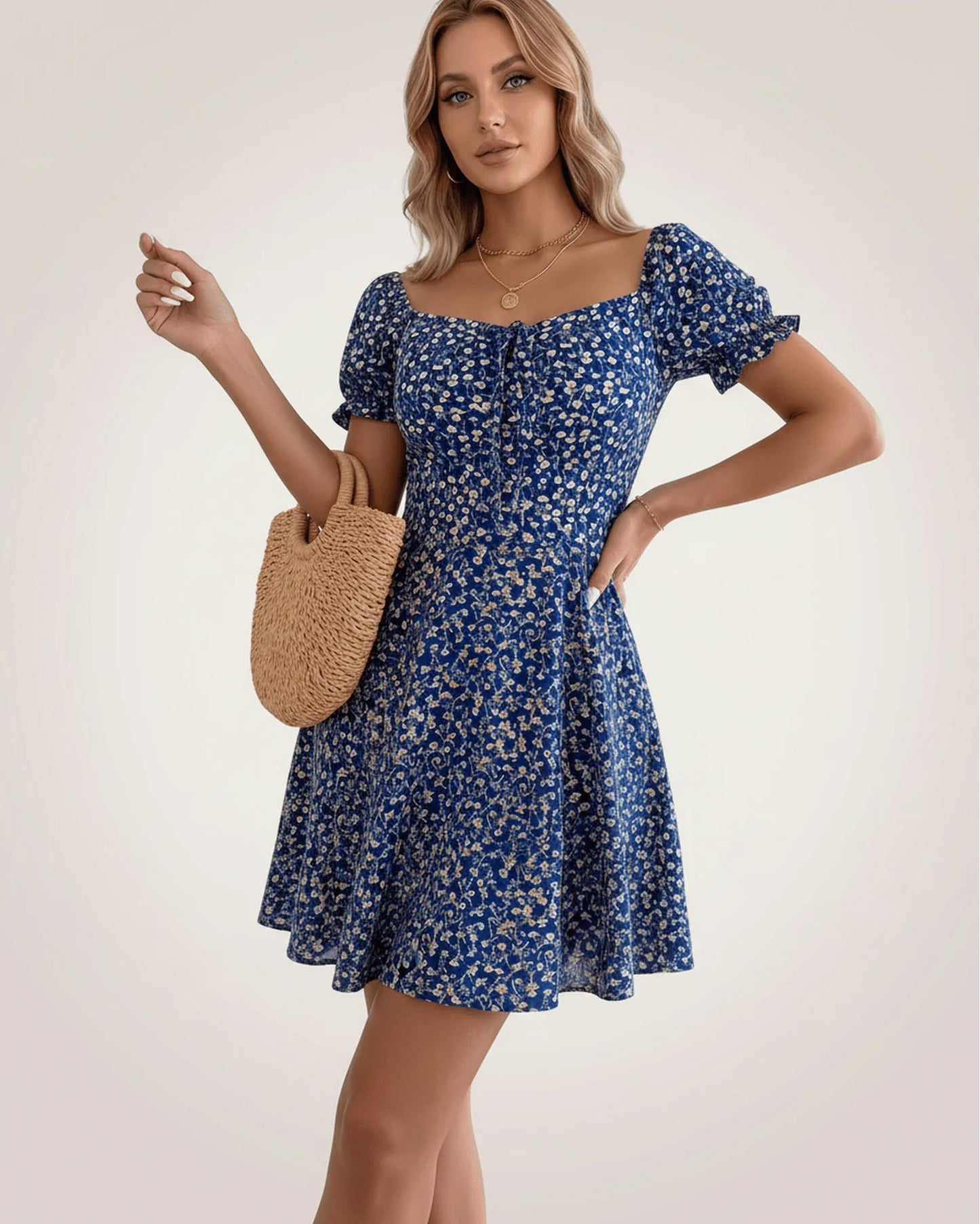 Lou Women's Mini Dress | Front Bow Detail | Puff Sleeves