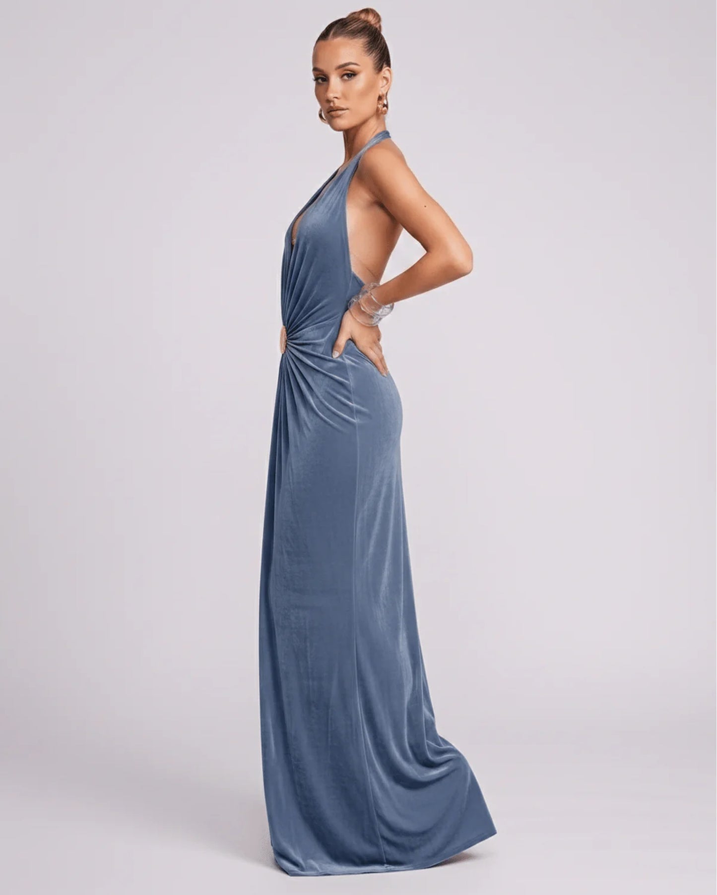 Mathilda Women's Maxi Dress | Deep Halter V-Neck | Draped Waist Brooch