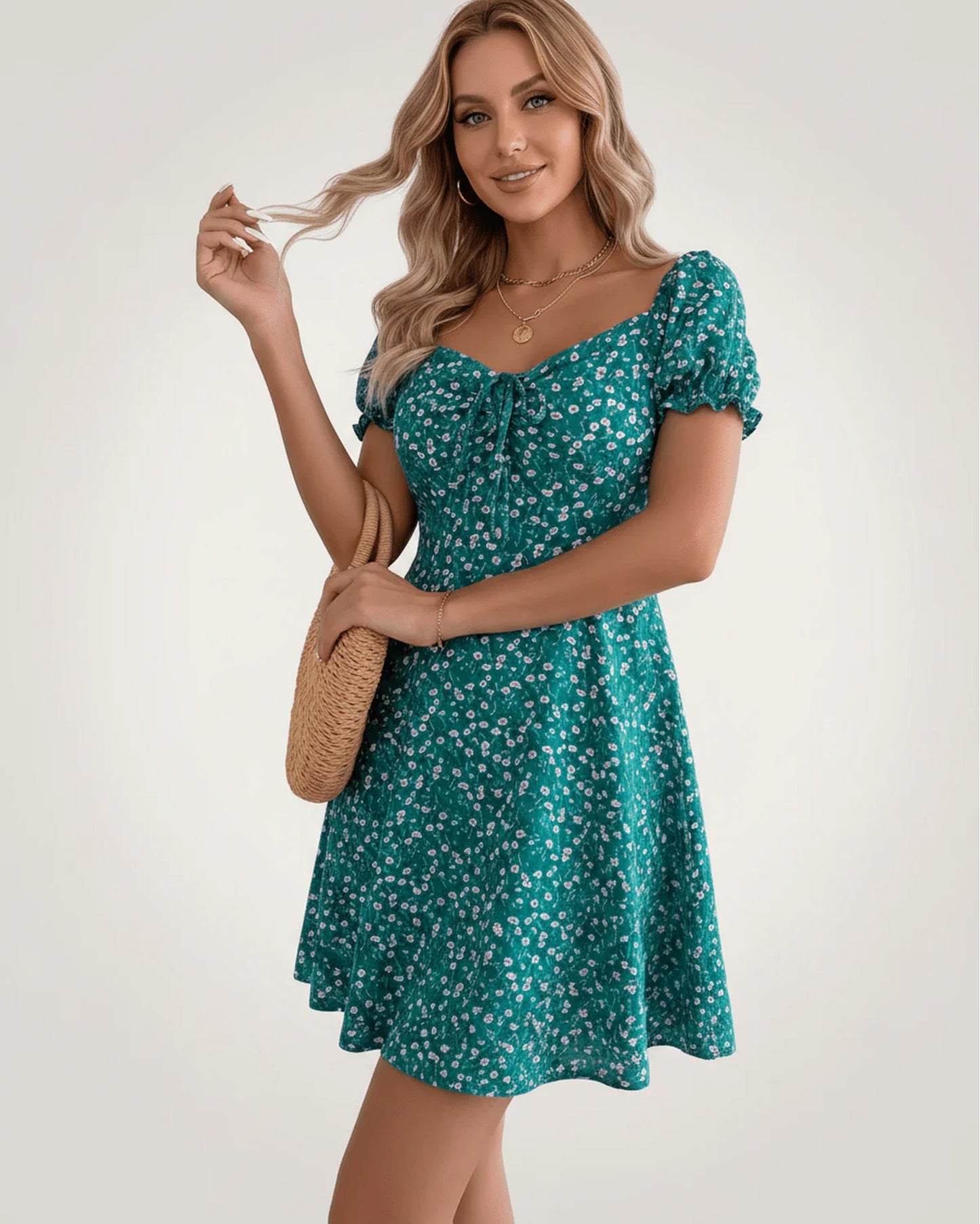 Lou Women's Mini Dress | Front Bow Detail | Puff Sleeves