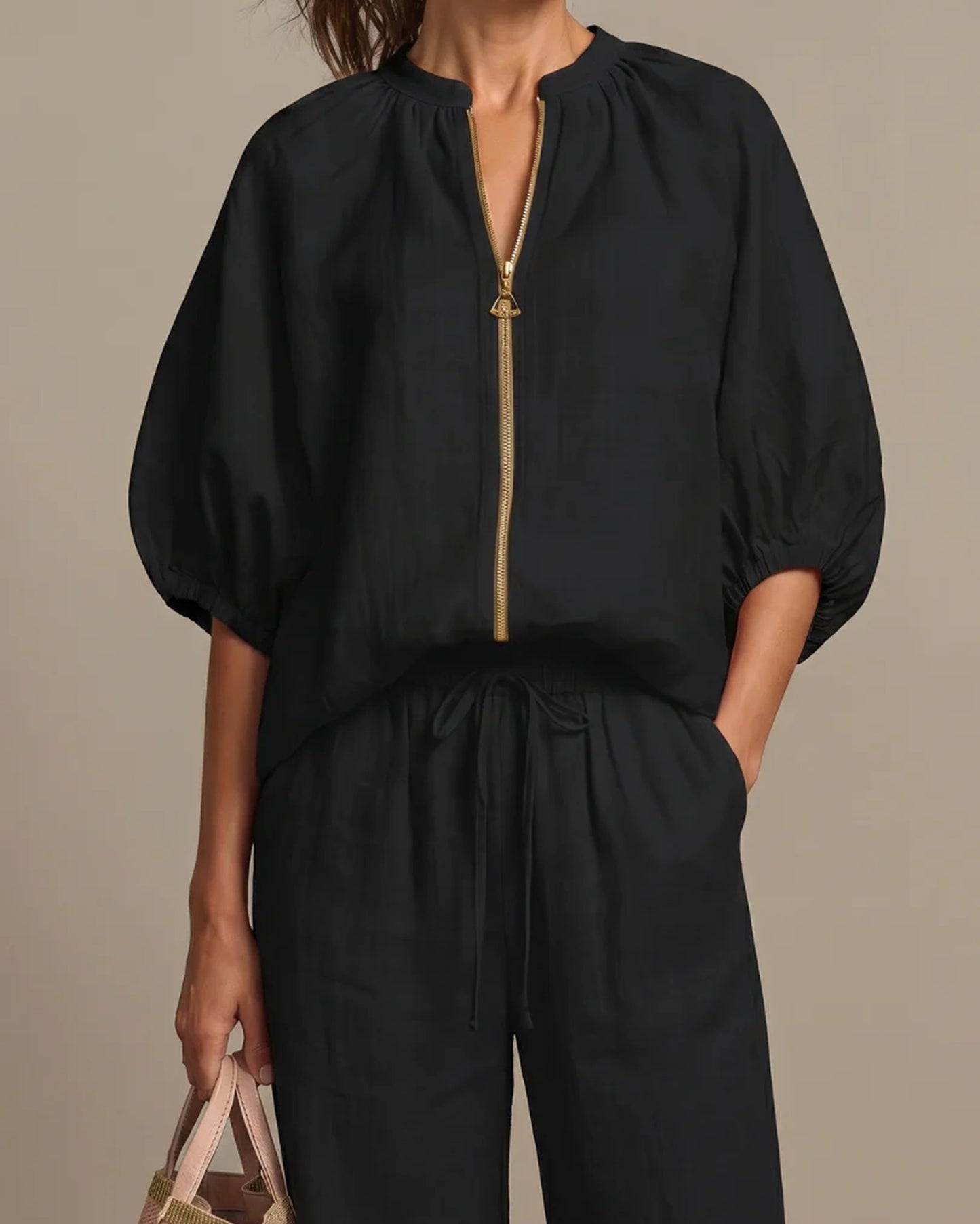 Andréa Dames Co-ord Set | Ballonmouwen | Ritssluiting Voorkant