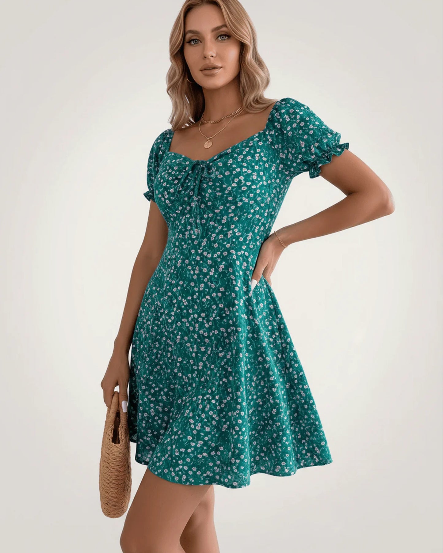 Lou Women's Mini Dress | Front Bow Detail | Puff Sleeves