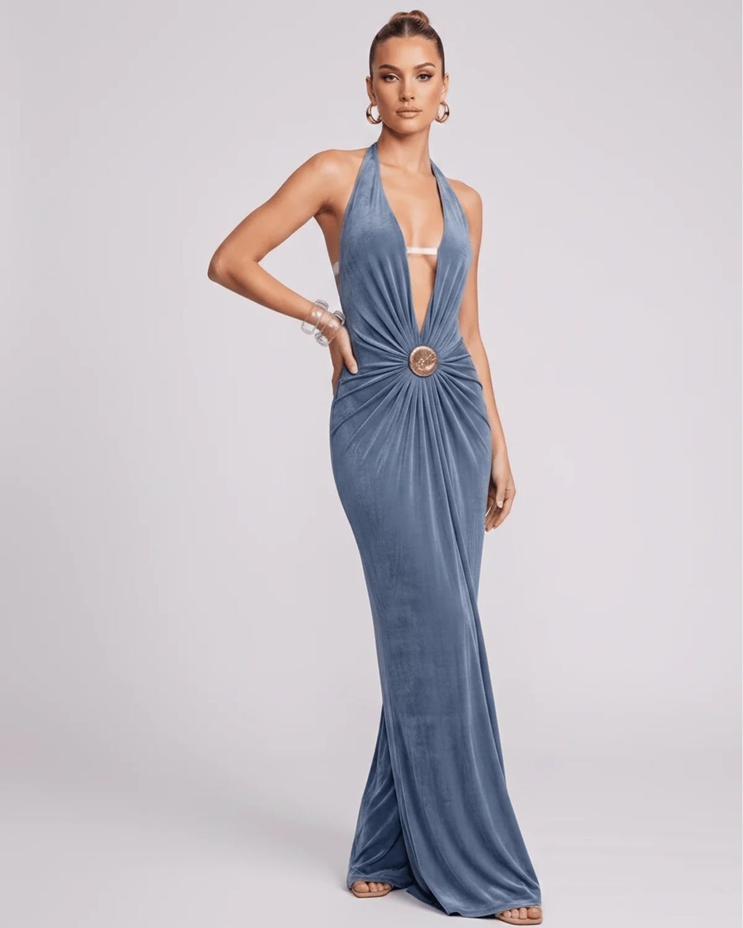 Mathilda Women's Maxi Dress | Deep Halter V-Neck | Draped Waist Brooch