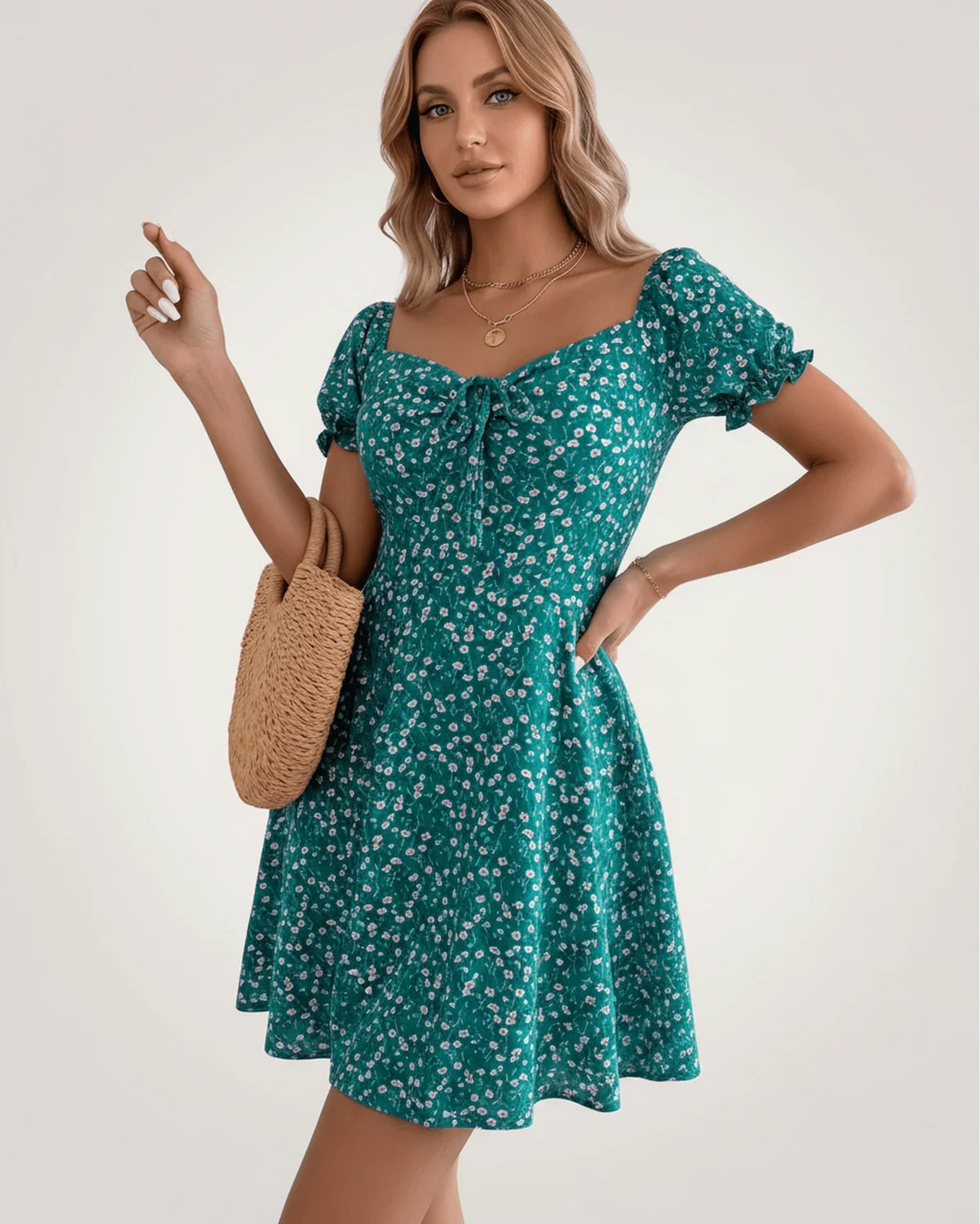 Lou Women's Mini Dress | Front Bow Detail | Puff Sleeves
