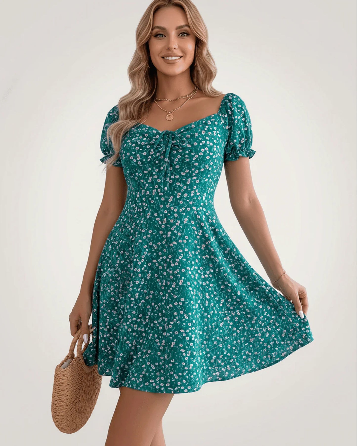 Lou Women's Mini Dress | Front Bow Detail | Puff Sleeves