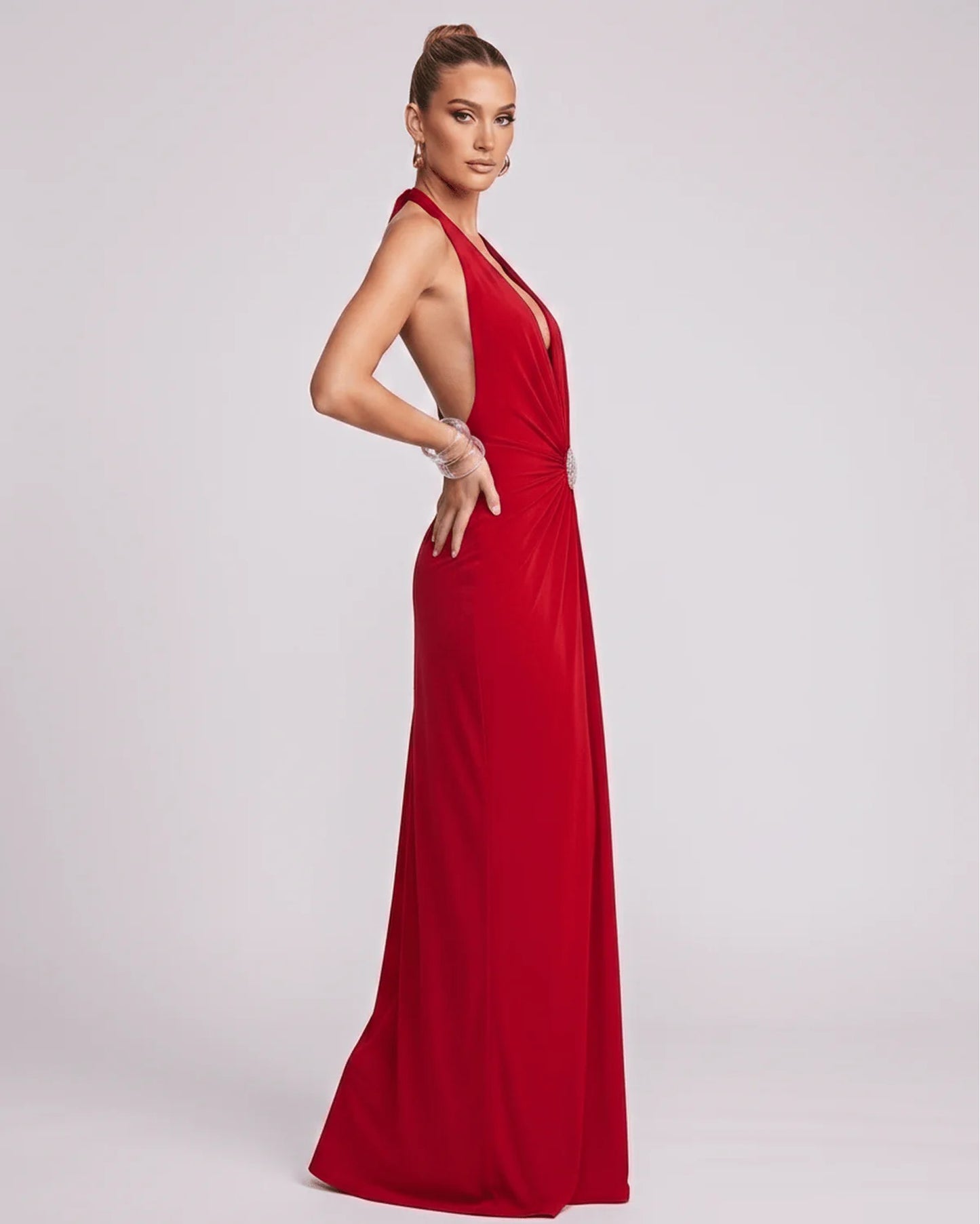 Mathilda Women's Maxi Dress | Deep Halter V-Neck | Draped Waist Brooch