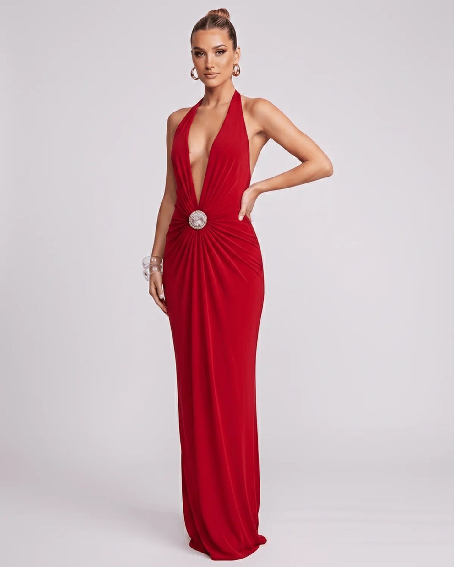 Mathilda Women's Maxi Dress | Deep Halter V-Neck | Draped Waist Brooch
