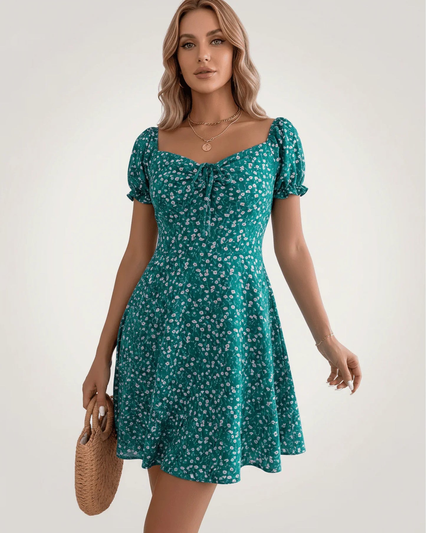 Lou Women's Mini Dress | Front Bow Detail | Puff Sleeves