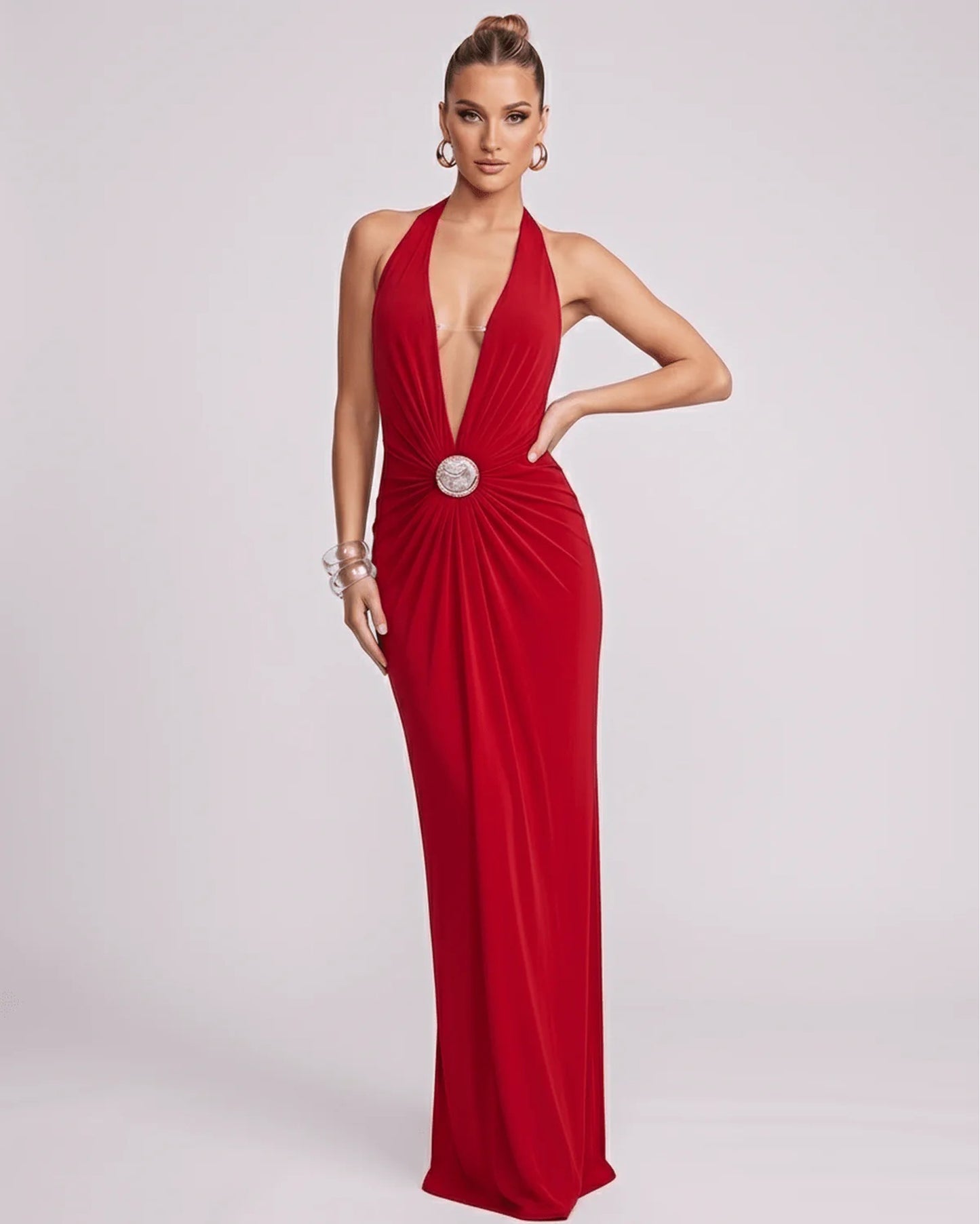 Mathilda Women's Maxi Dress | Deep Halter V-Neck | Draped Waist Brooch