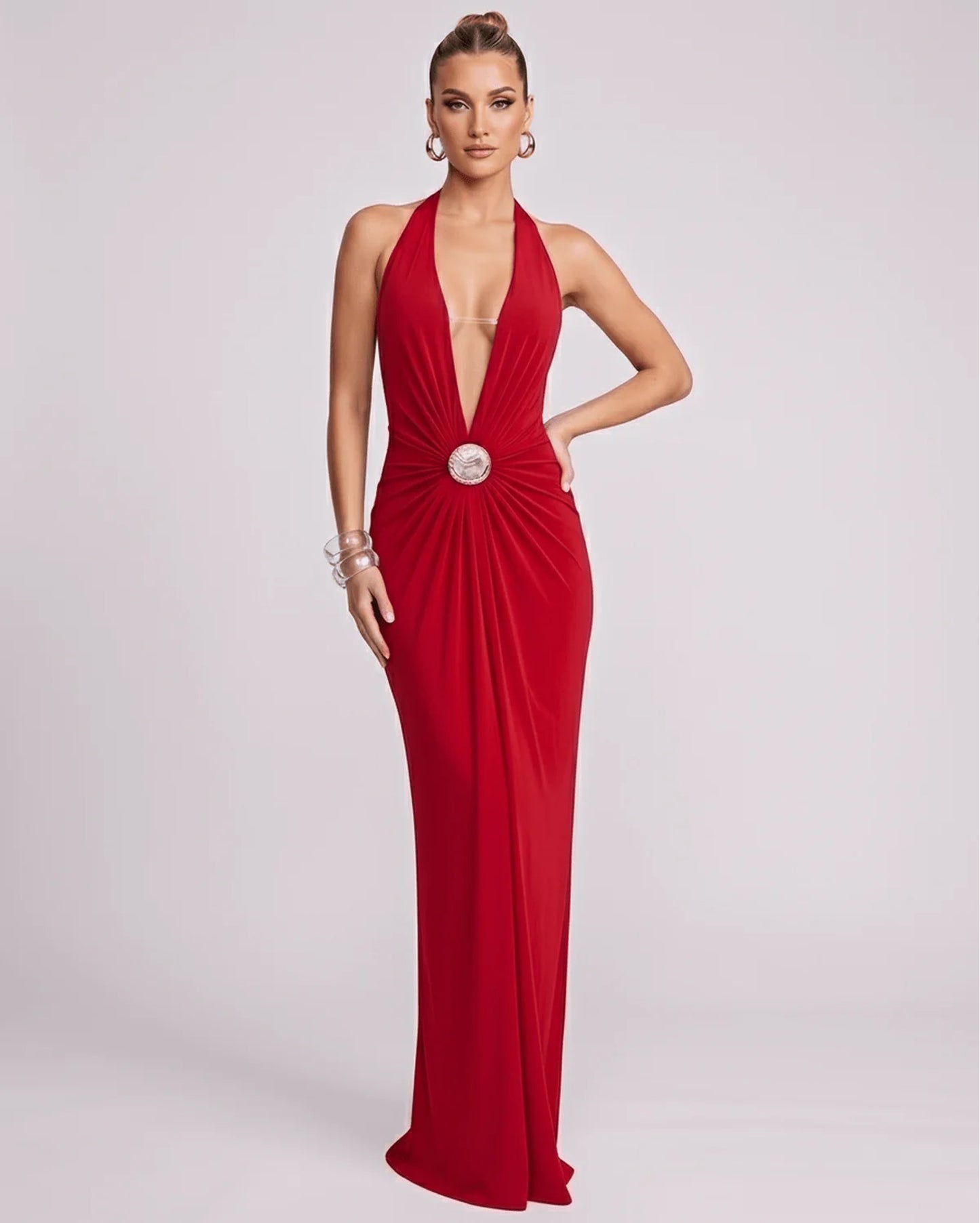 Mathilda Women's Maxi Dress | Deep Halter V-Neck | Draped Waist Brooch