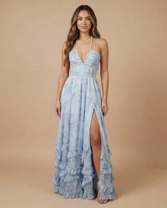 Dames Maxi Jurk | Halterneck | Gelaagde Franje