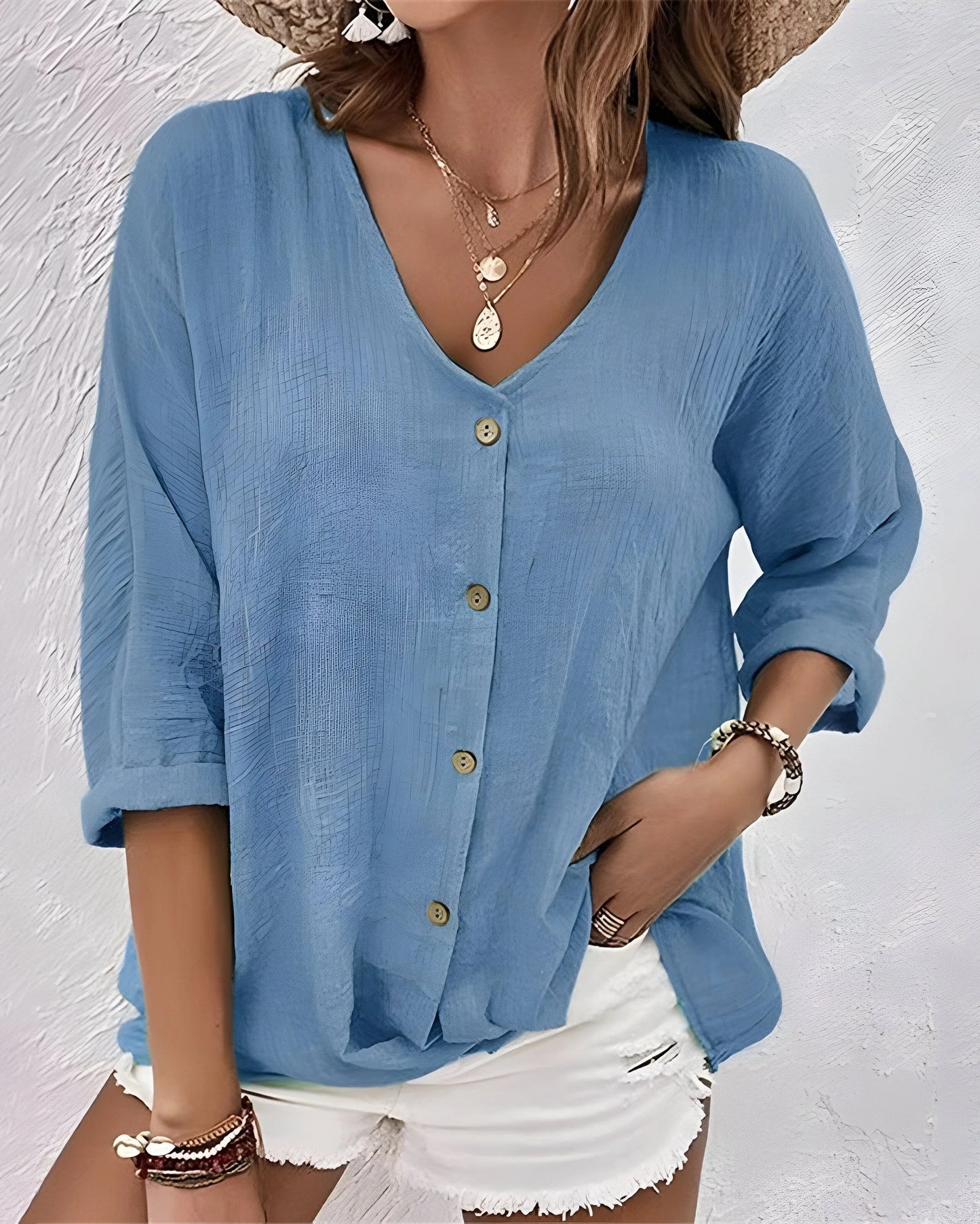 Amelia Dames Bluse | V-Hals | Korte Ærmer