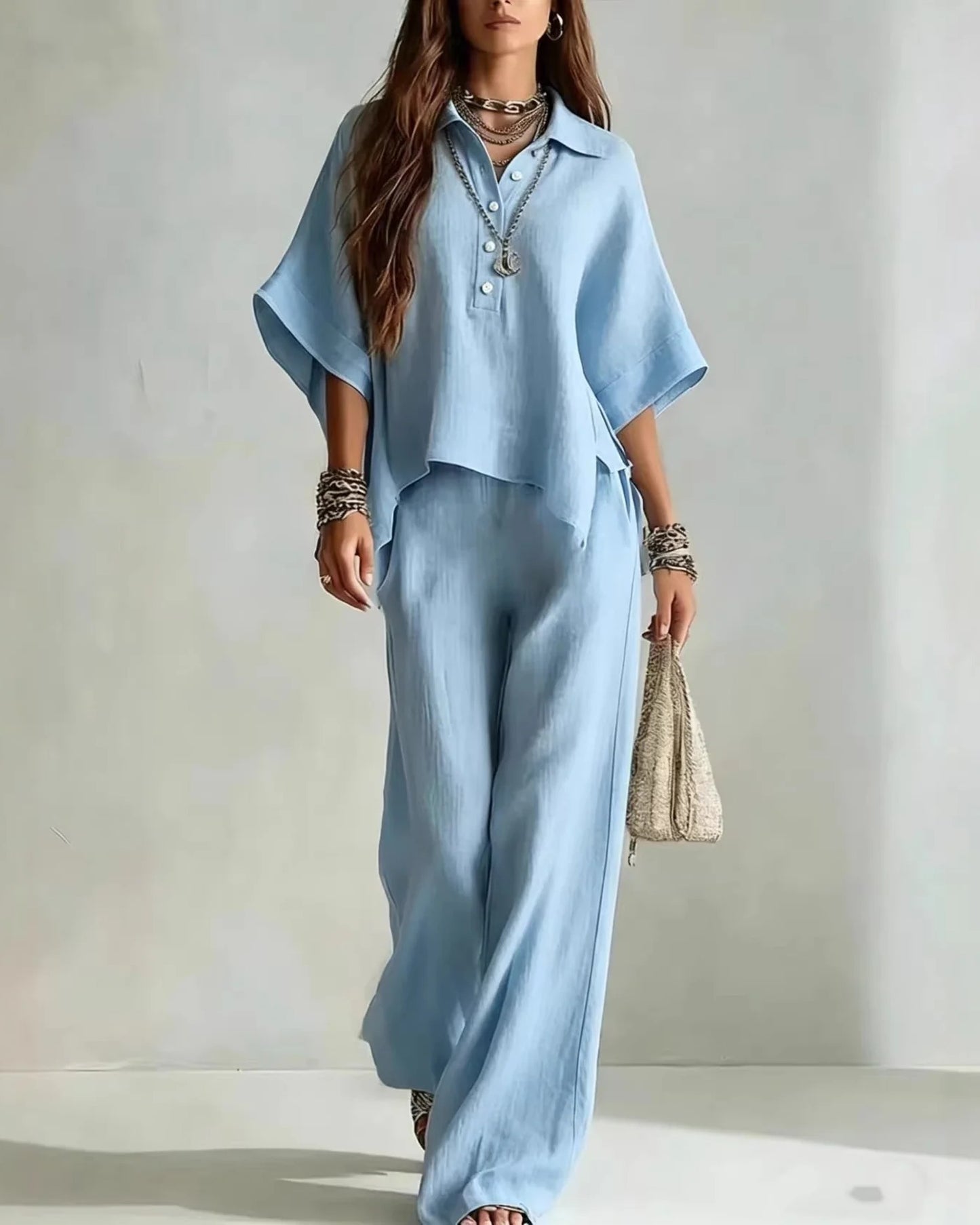 Isaline-Monette Dame Co-Ord Sæt | Oversized Bluse | Palazzo Bukser