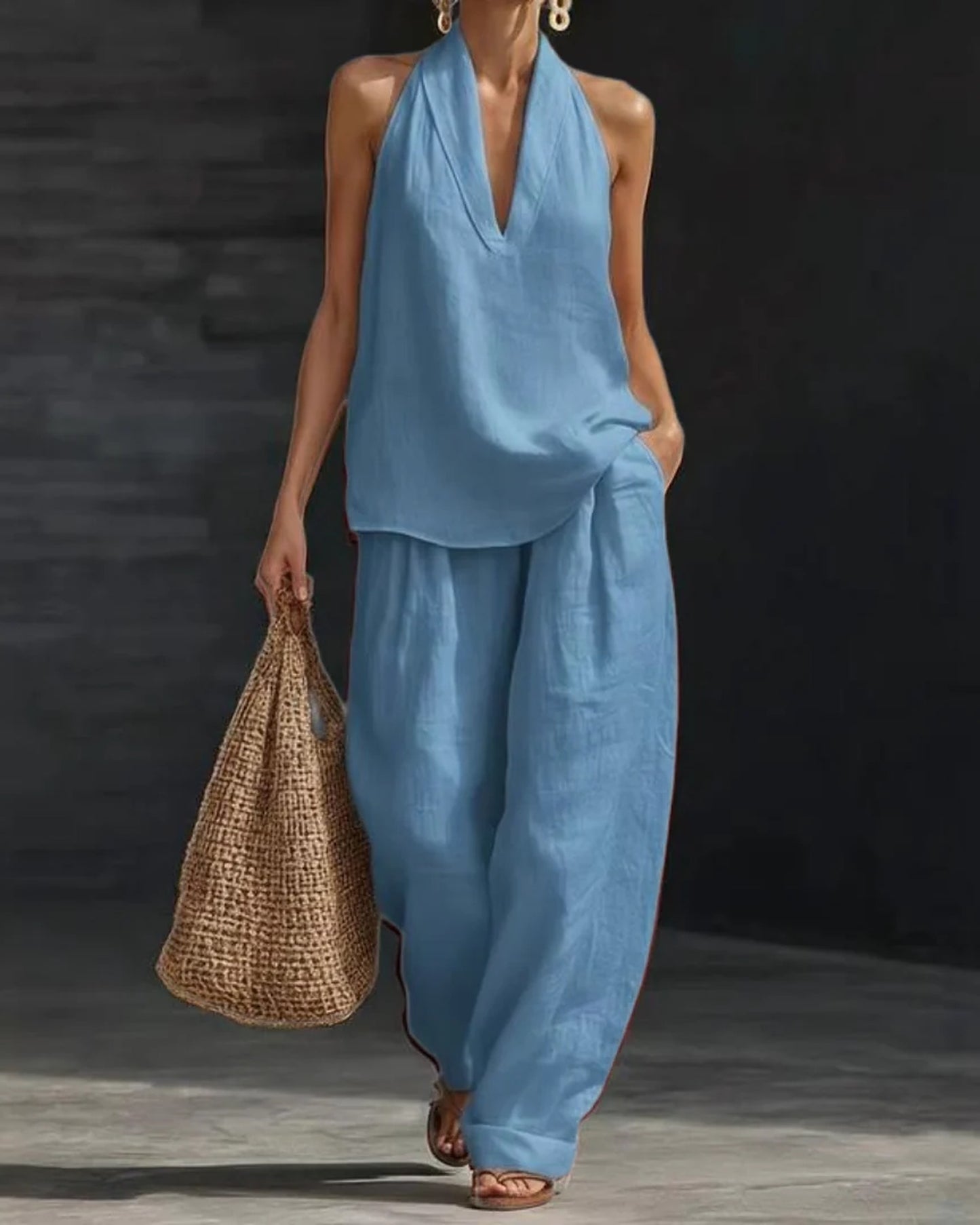 Pénélope-Lidie Dame Co-Ord Sæt | Halterneck Top | Vide Palazzo Bukser