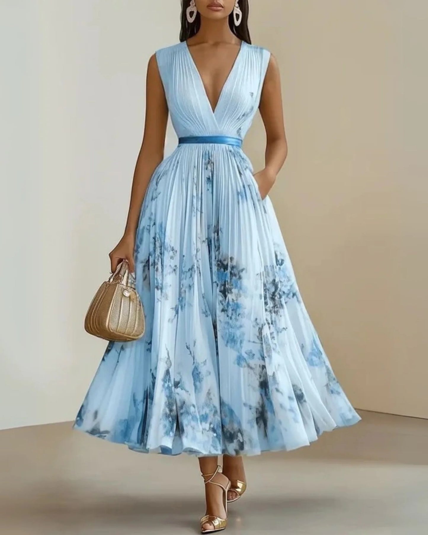 Gerberge Women's Maxi Dress | Deep V-Neck | Pleated Skirt
