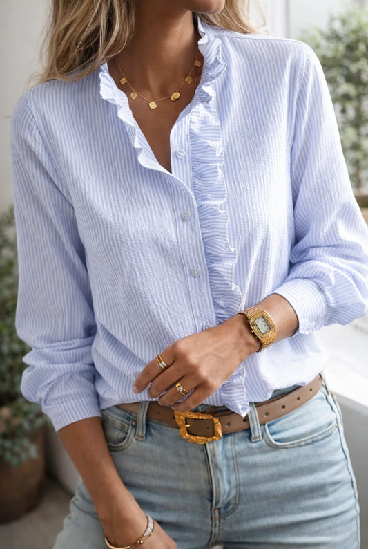 Cordélie Dames Blouse | Gestreept | Ruches & Lange Mouwen