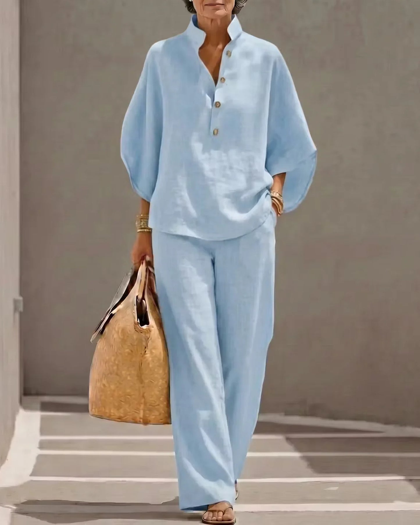 Orane-Fernandine Dames Co-Ord Set | Knoop Placket | Wijde Pijpen