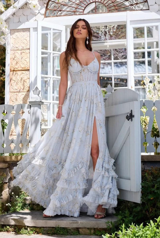 Mila Women's Maxi Dress | Layered Ruffled Hem | Corset Lace Top